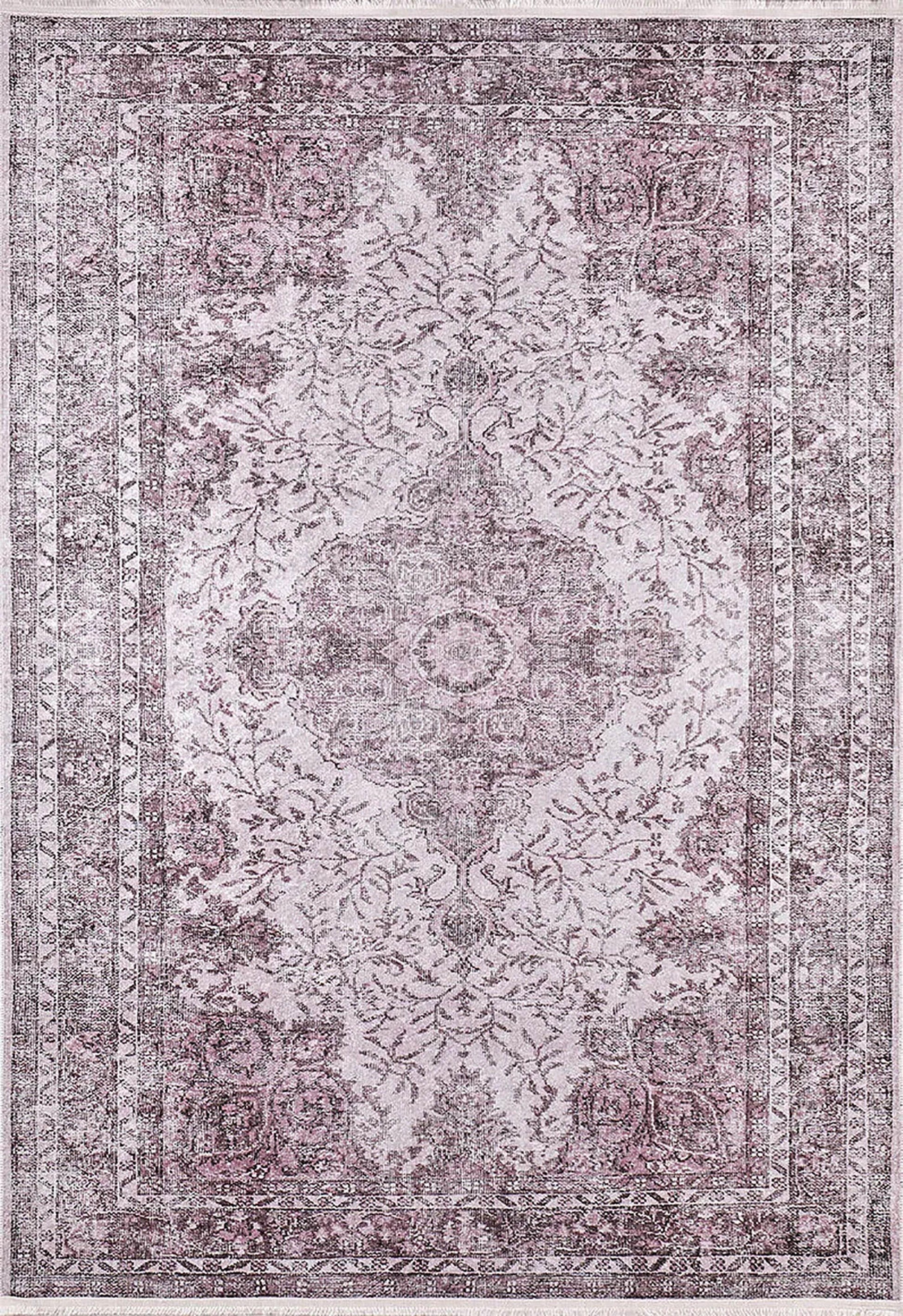 Soluk Pembe Vintage Lila Çiçek Desenli Salon Halısı