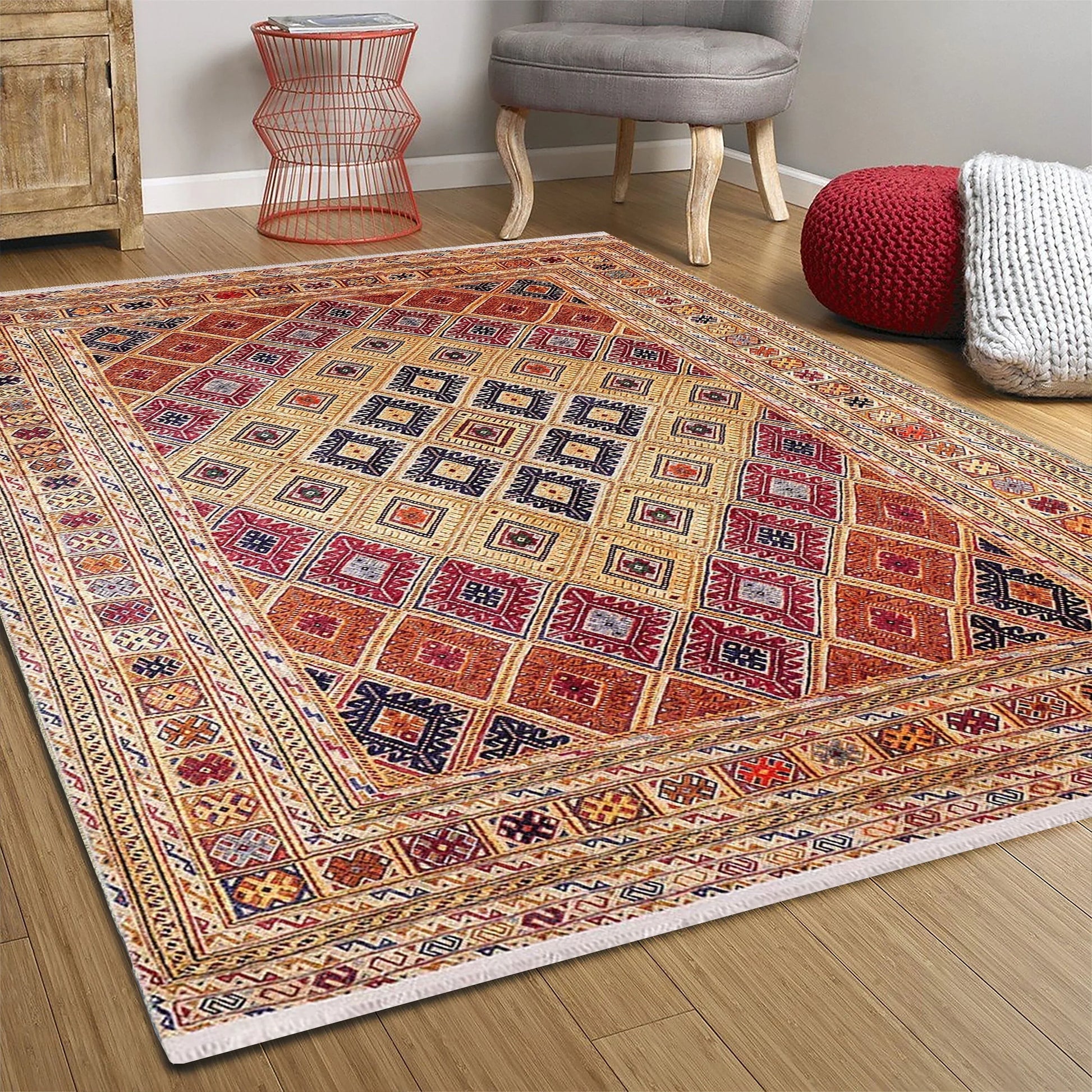 Soluk Turuncu Bej Geometrik Desenli Anadolu Kilim Halı