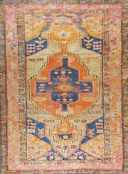 Sarı ve Turuncu Geometrik Desenli Vintage Türk Halısı