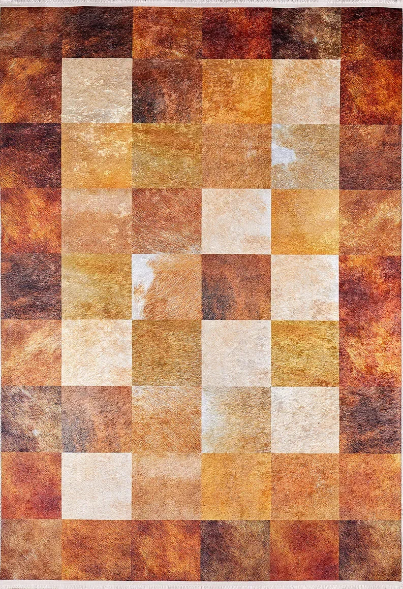 Toprak Tonları Kareli Desenli Modern Halı