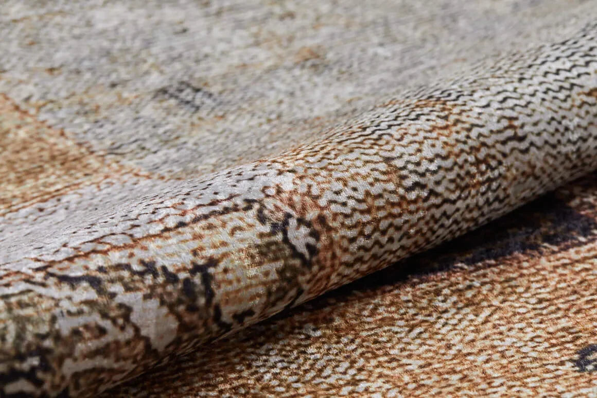 Toprak Tonları Turuncu Patchwork Görünümlü Eskitme Halı