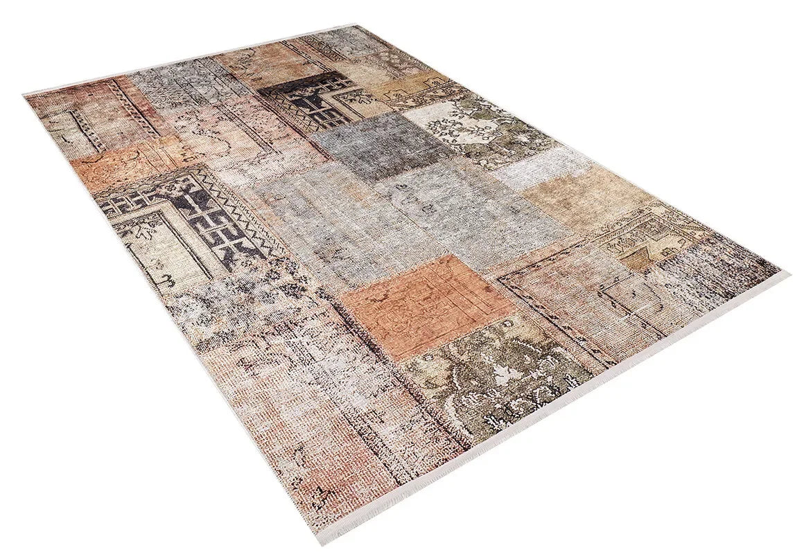Toprak Tonları Turuncu Patchwork Görünümlü Eskitme Halı