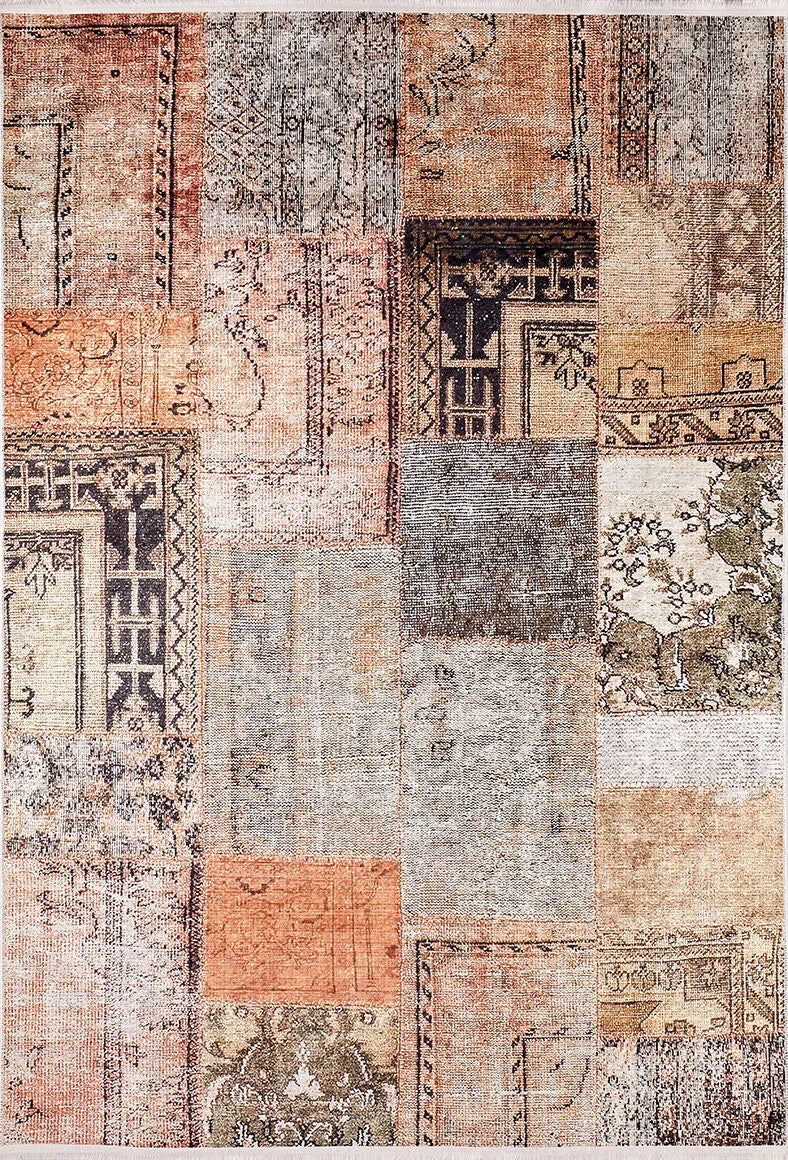 Toprak Tonları Turuncu Patchwork Görünümlü Eskitme Halı