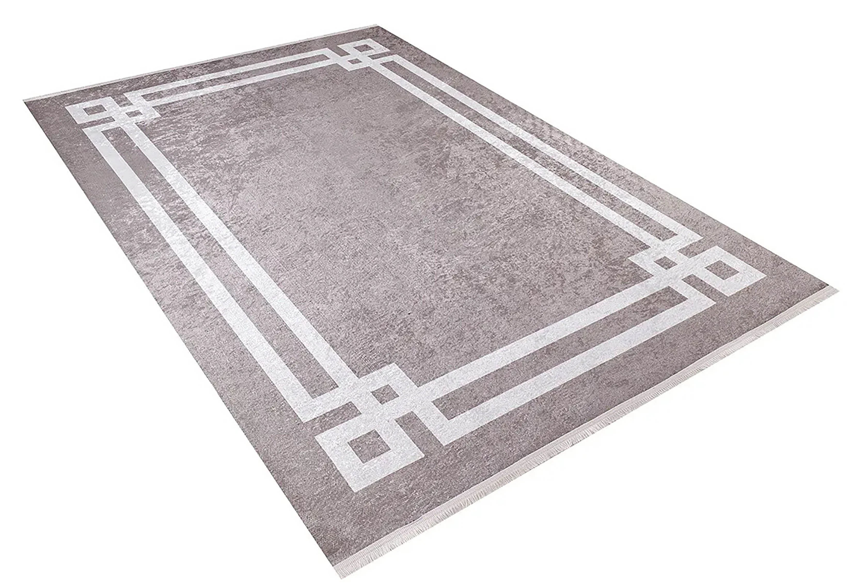 Toz Pembe Zeminli Beyaz Art Deco Bordürlü Modern Halı