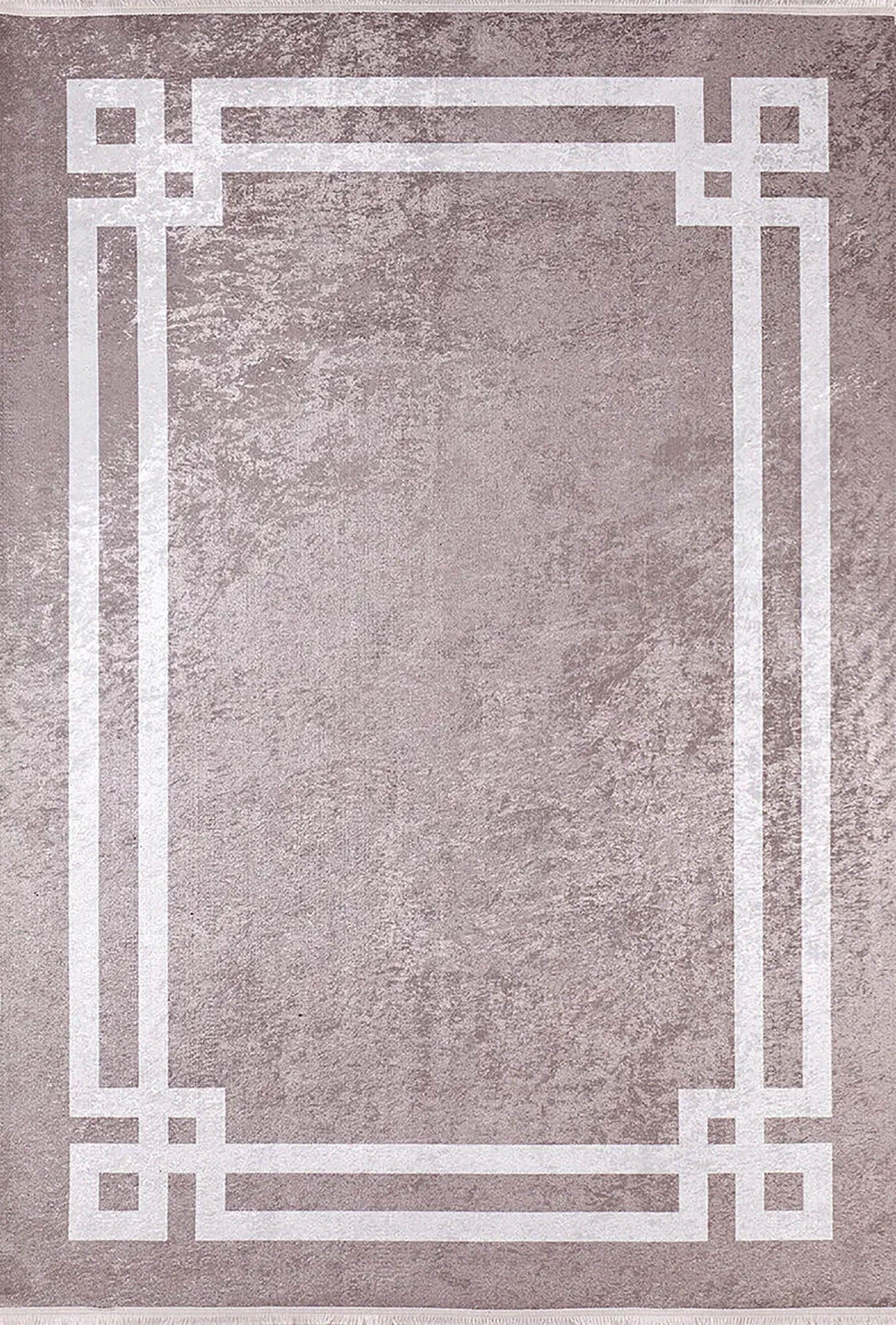 Toz Pembe Zeminli Beyaz Art Deco Bordürlü Modern Halı