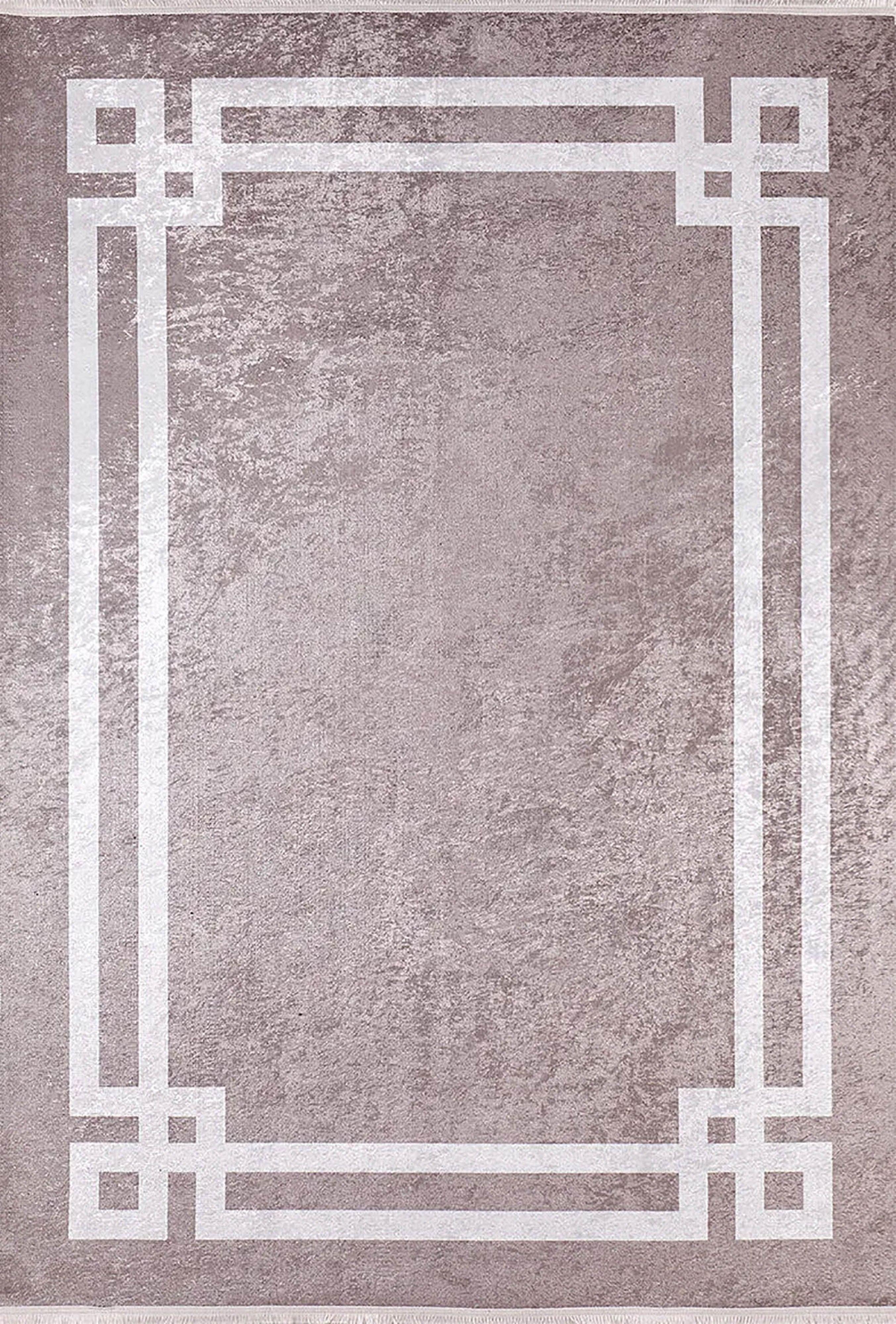 Toz Pembe Zeminli Beyaz Art Deco Bordürlü Modern Halı