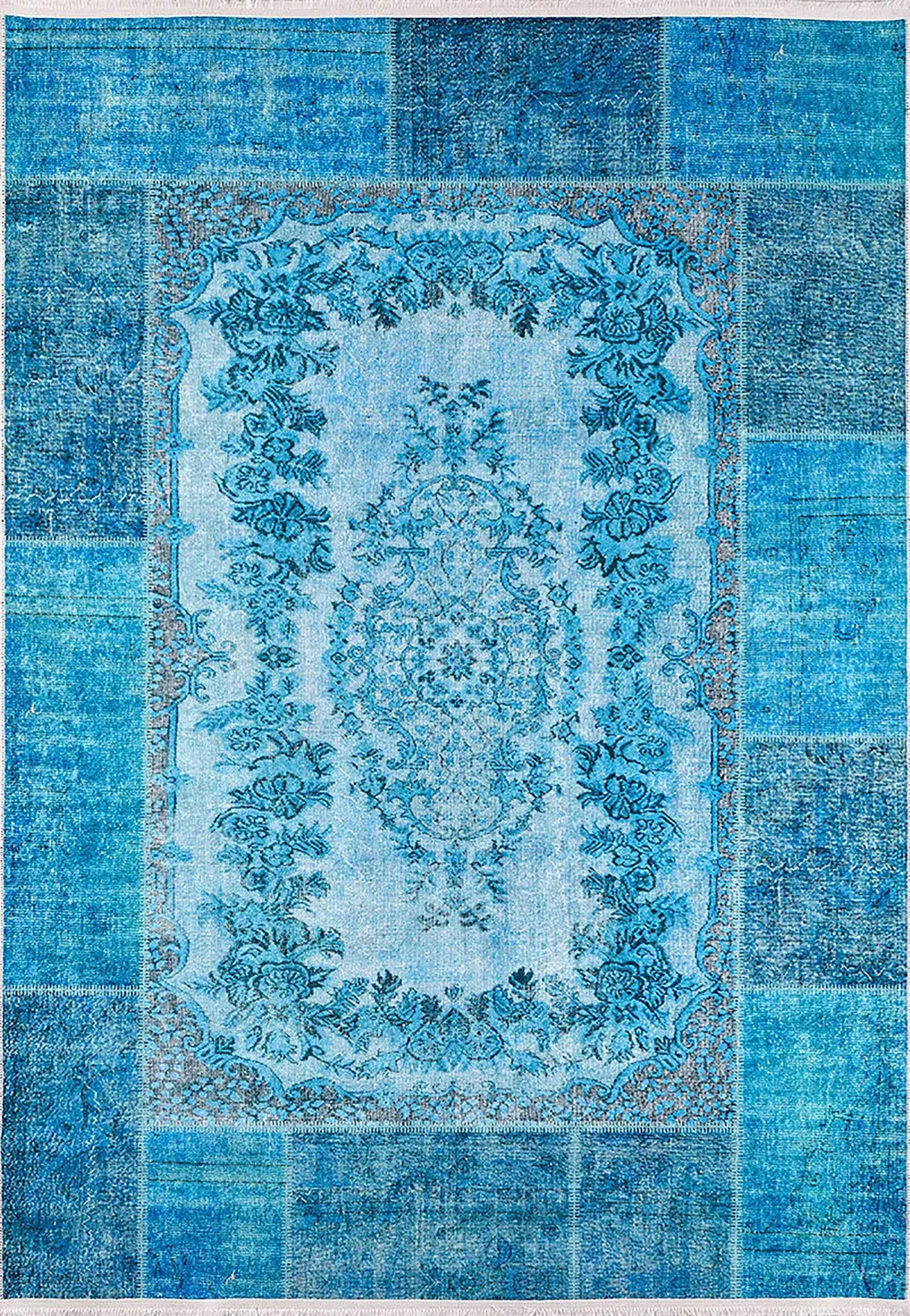 Turkuaz Patchwork Görünümlü Eskitme Mavi Vintage Klasik Halı