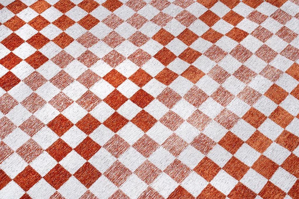 Turuncu Beyaz Modern Geometrik Dama Desenli Yıkanabilir Halı