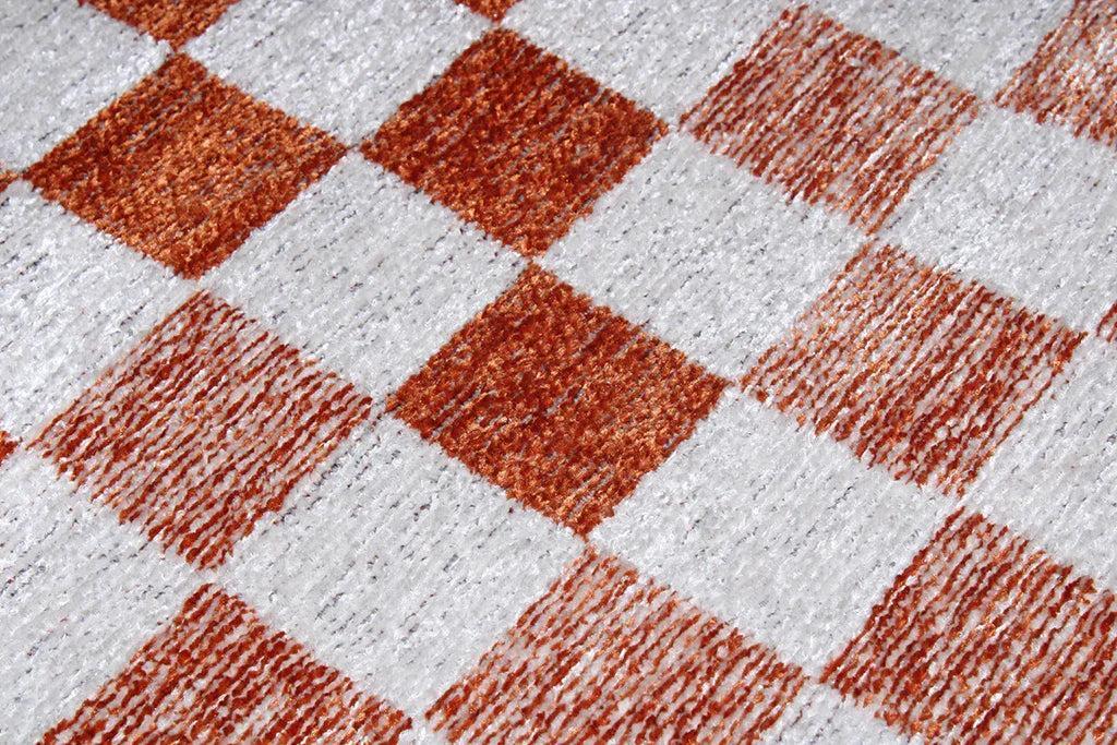 Turuncu Beyaz Modern Geometrik Dama Desenli Yıkanabilir Halı