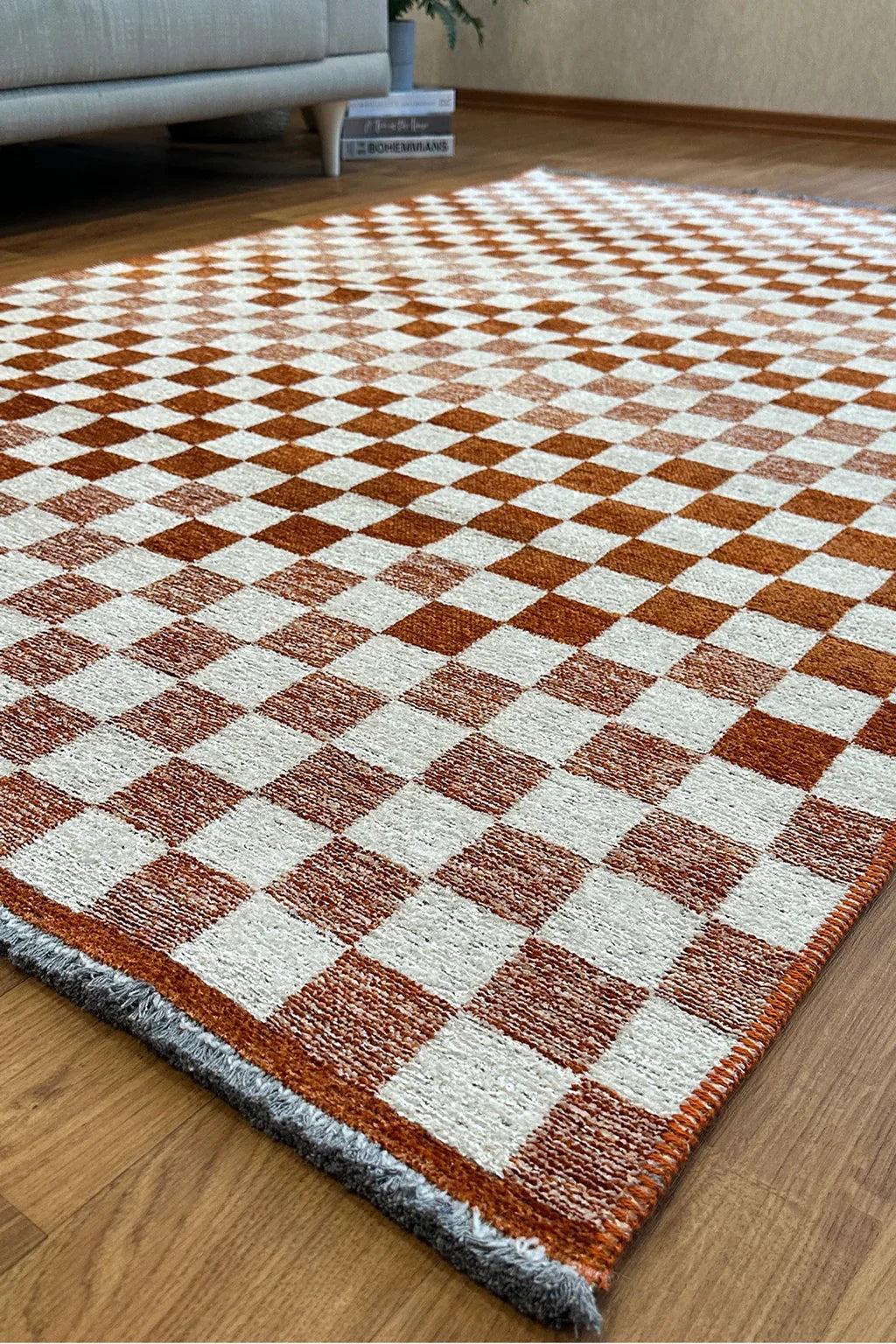 Turuncu Beyaz Modern Geometrik Dama Desenli Yıkanabilir Halı