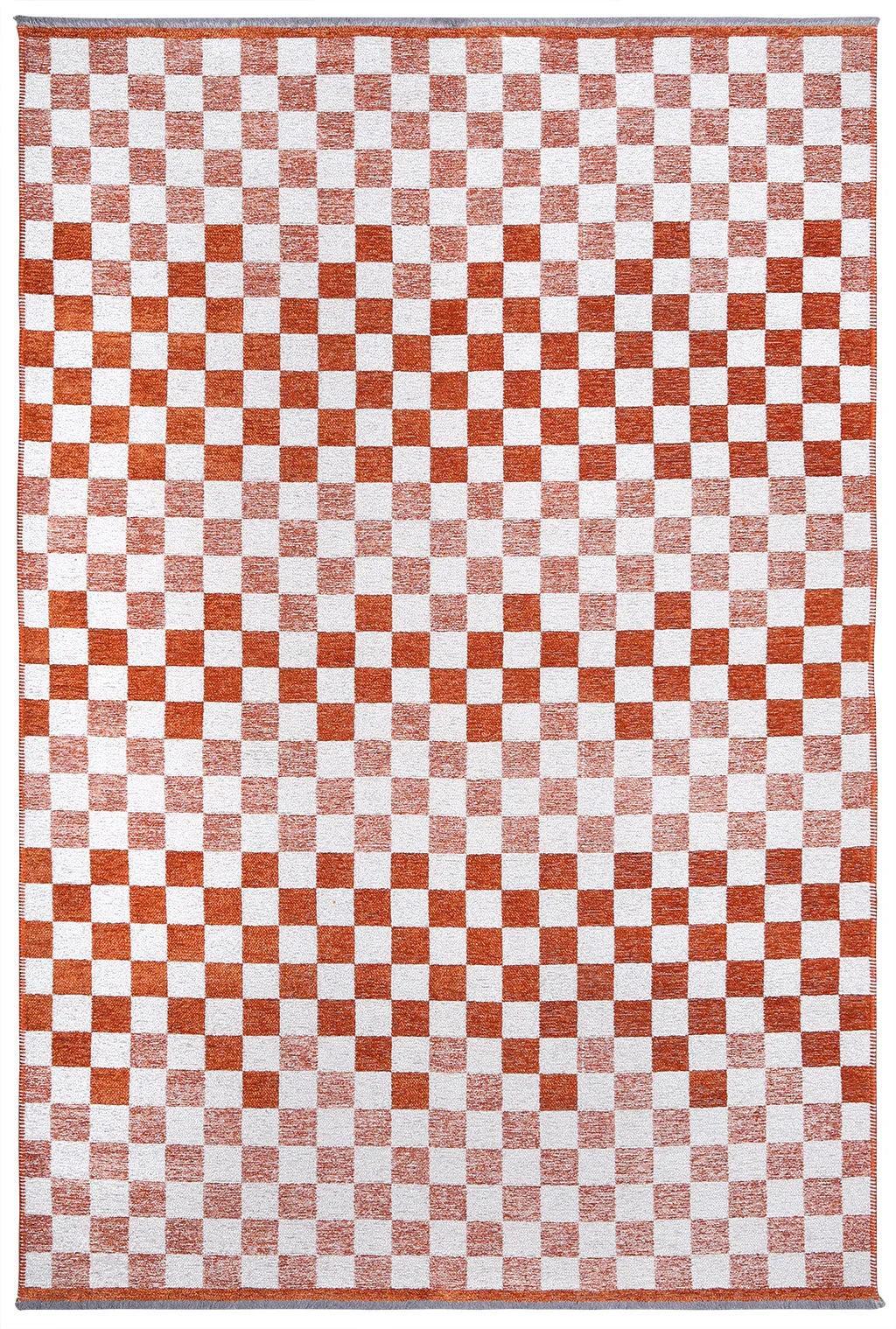 Turuncu Beyaz Modern Geometrik Dama Desenli Yıkanabilir Halı