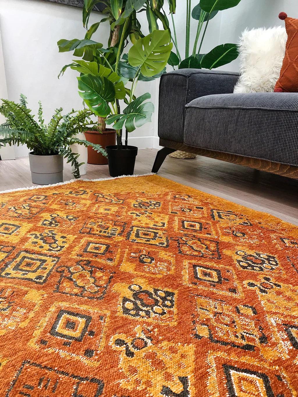 Turuncu Çift Taraflı Modern Vintage Yıkanabilir Antibakteriyel Halı