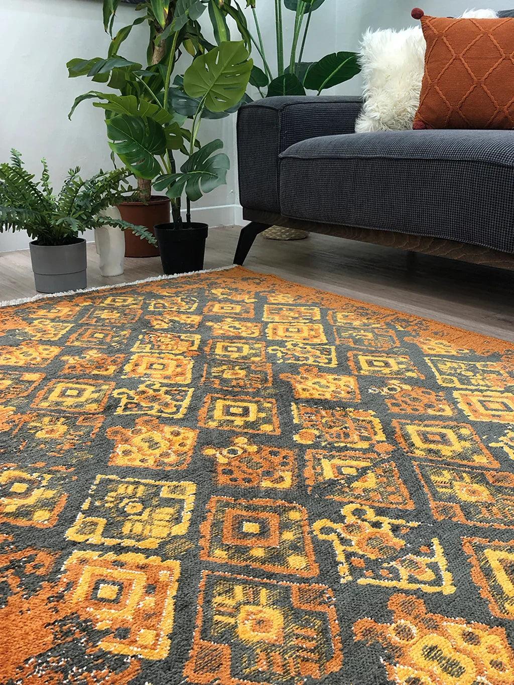 Turuncu Çift Taraflı Modern Vintage Yıkanabilir Antibakteriyel Halı