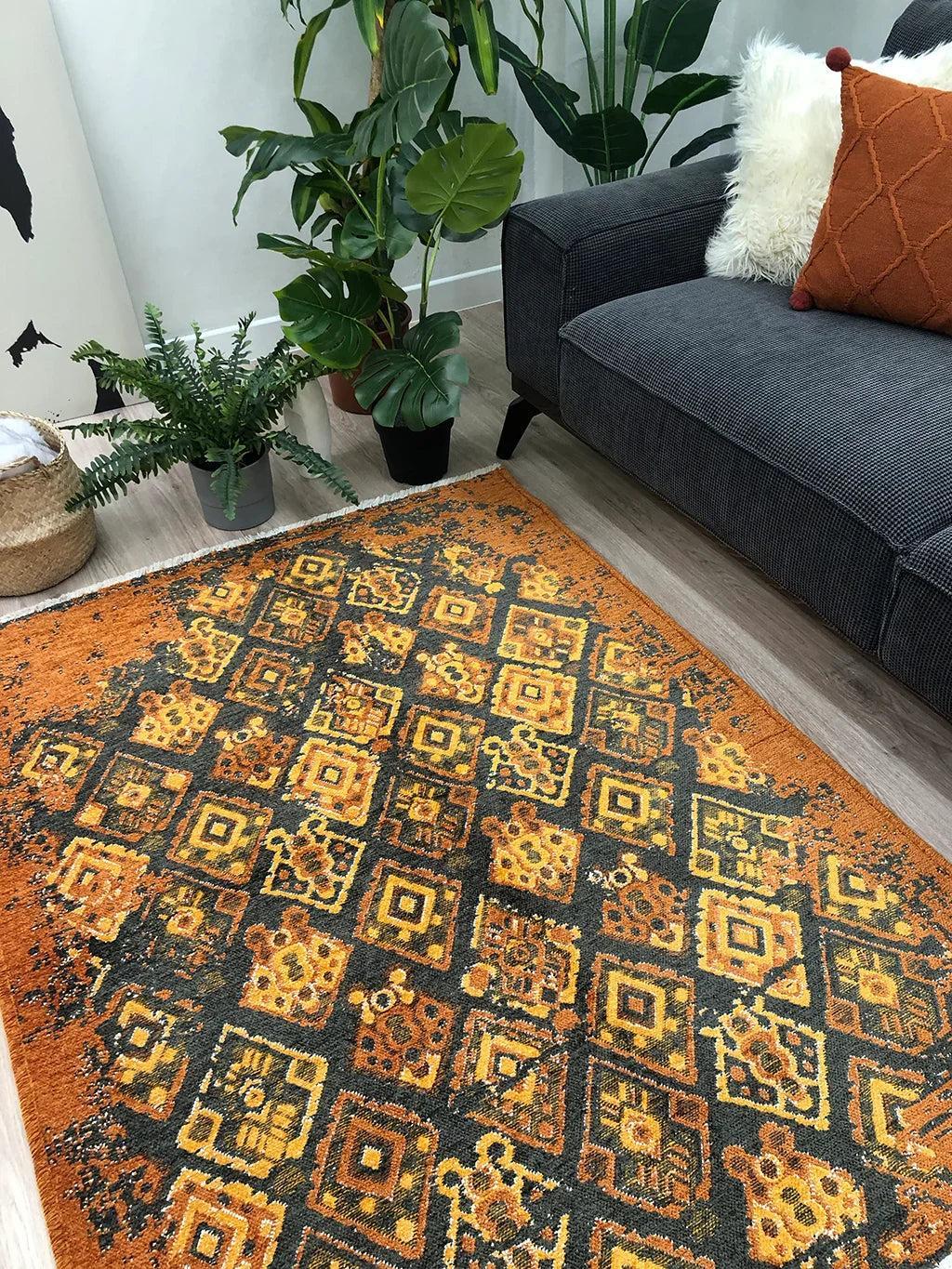 Turuncu Çift Taraflı Modern Vintage Yıkanabilir Antibakteriyel Halı
