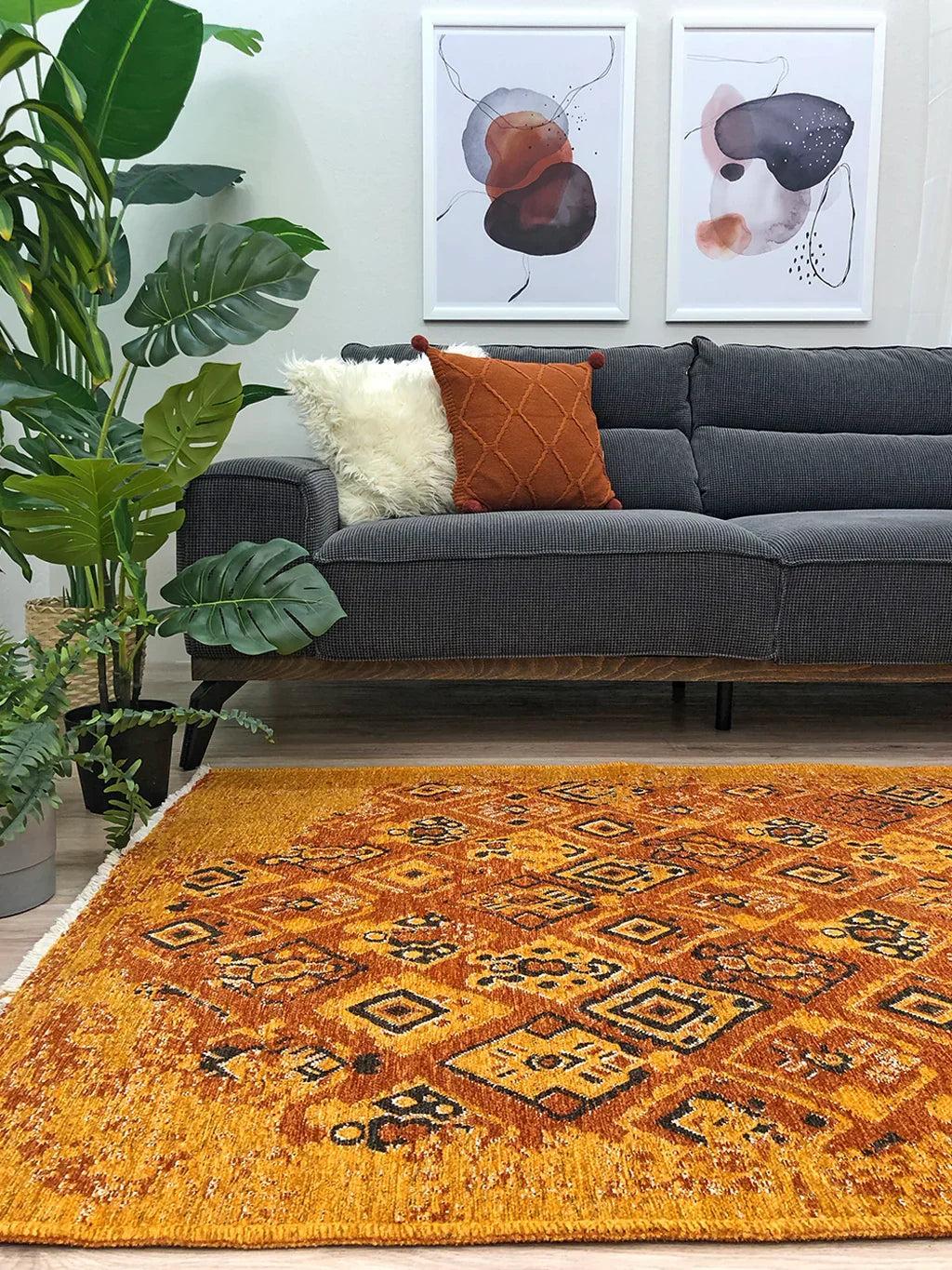 Turuncu Çift Taraflı Modern Vintage Yıkanabilir Antibakteriyel Halı