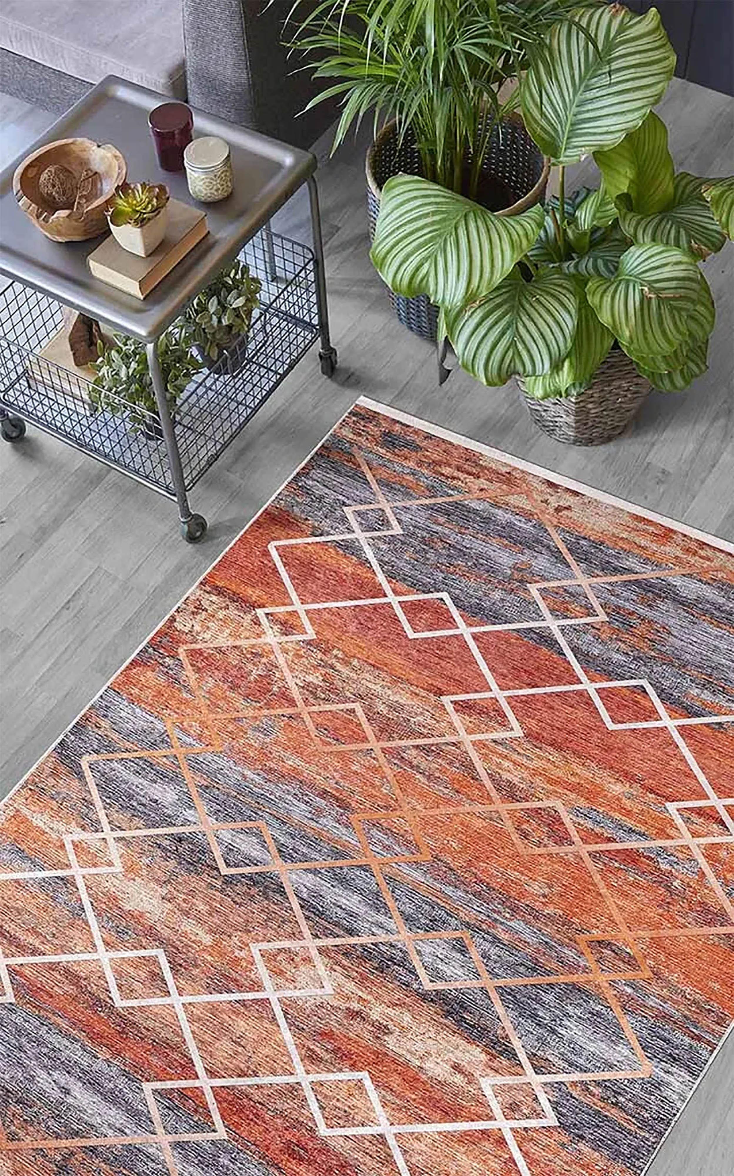 Turuncu Gri Geometrik Modern Desen Halı