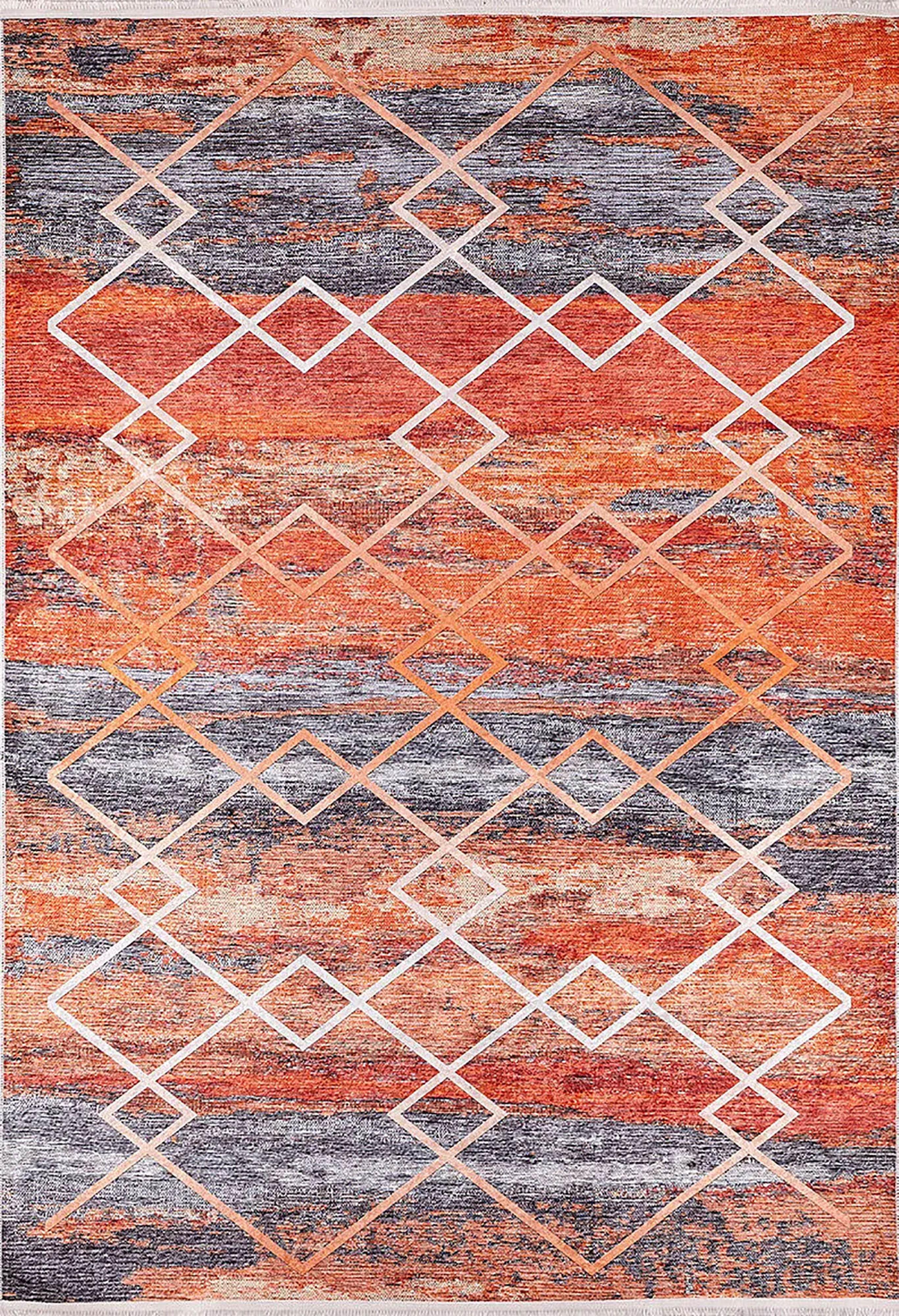 Turuncu Gri Geometrik Modern Desen Halı