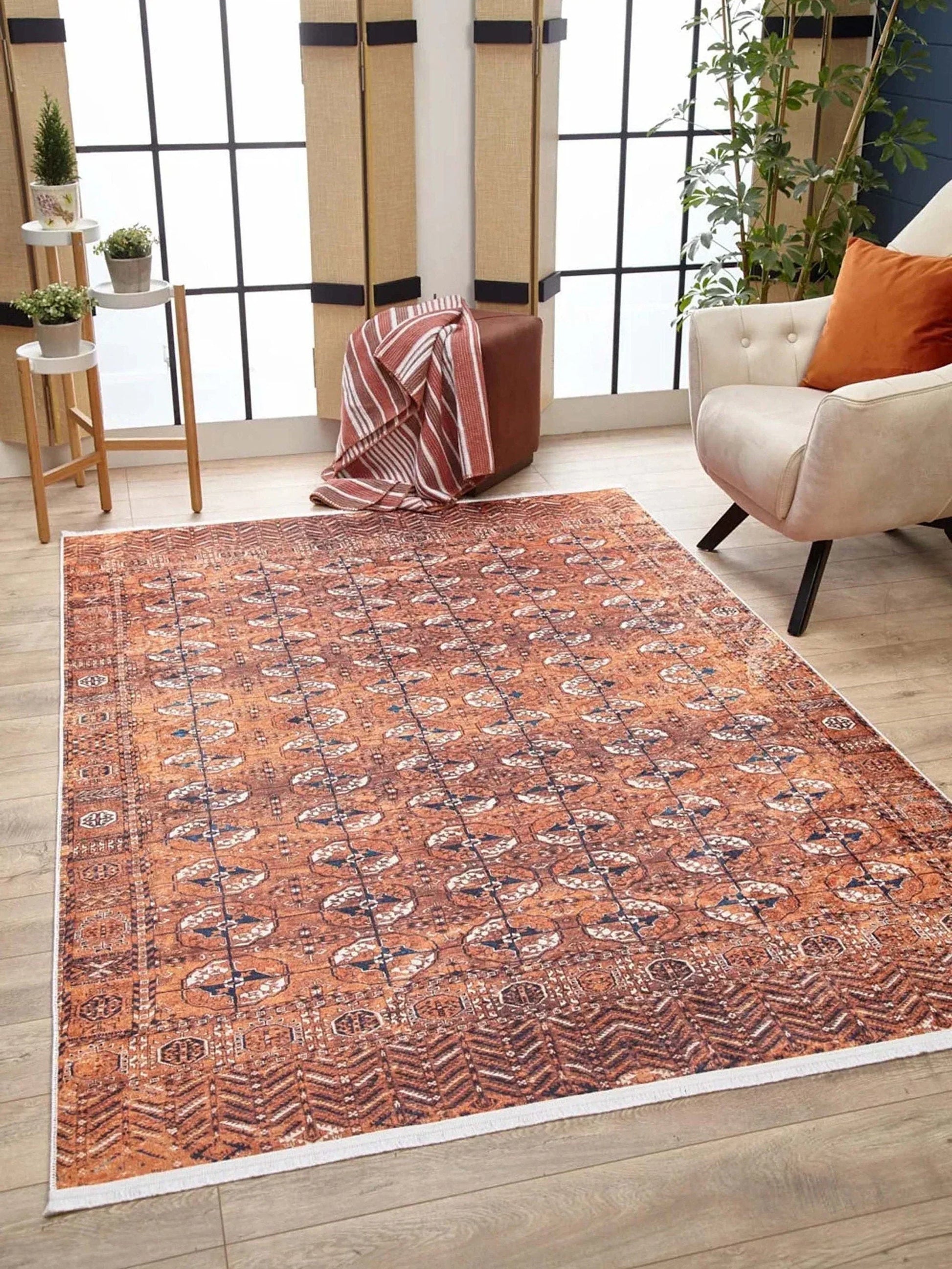 Turuncu Geometrik Desenli Kilim Halı