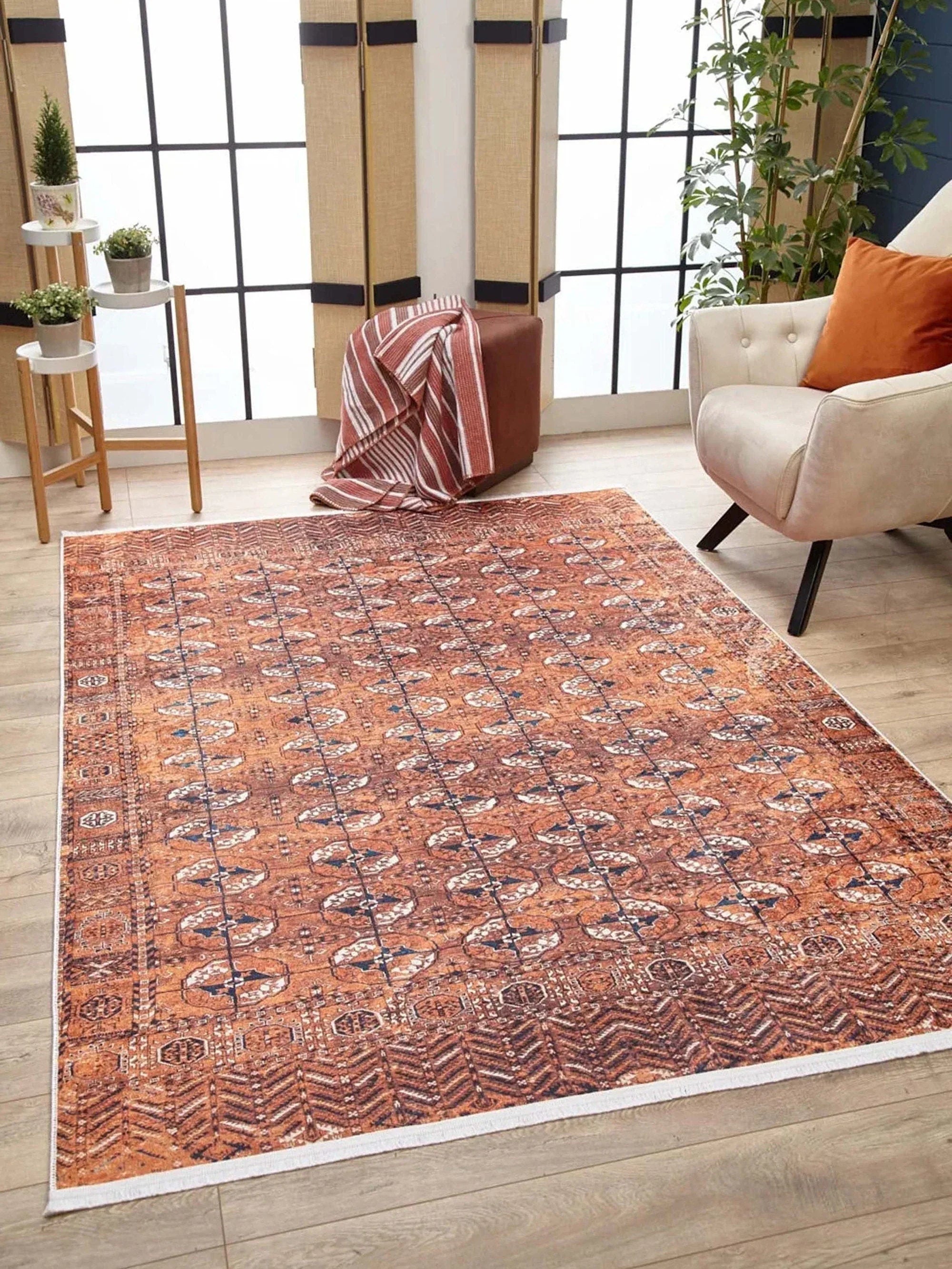 Turuncu Geometrik Desenli Kilim Halı