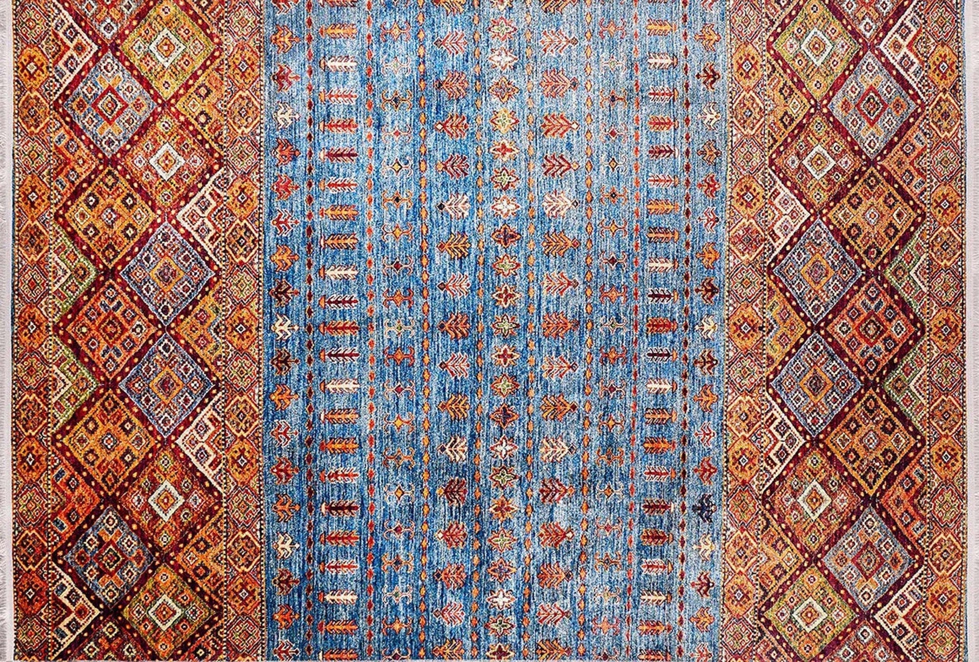 Turuncu Mavi Geometrik Desenli Anadolu Kilim Halı