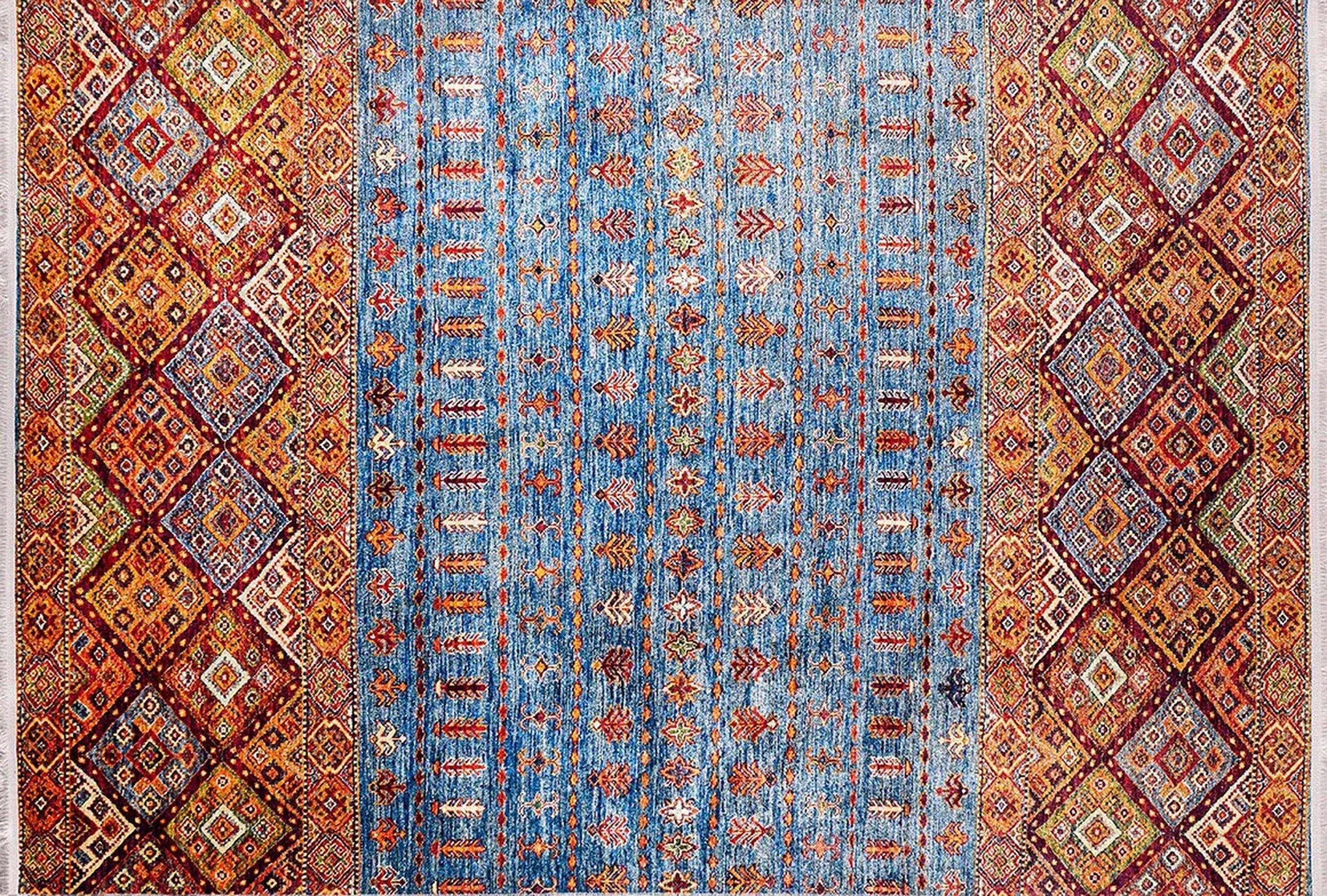 Turuncu Mavi Geometrik Desenli Anadolu Kilim Halı