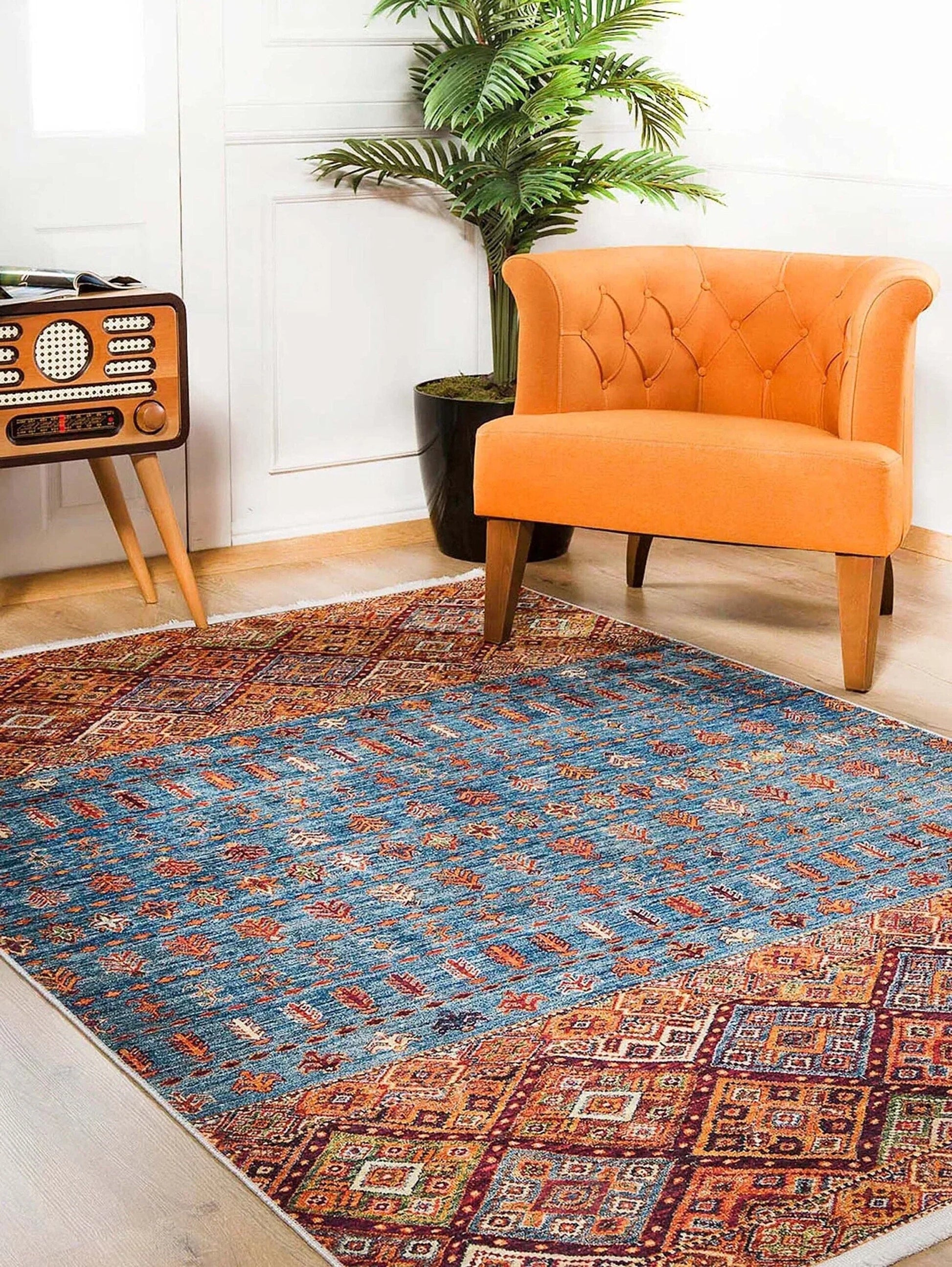 Turuncu Mavi Geometrik Desenli Anadolu Kilim Halı