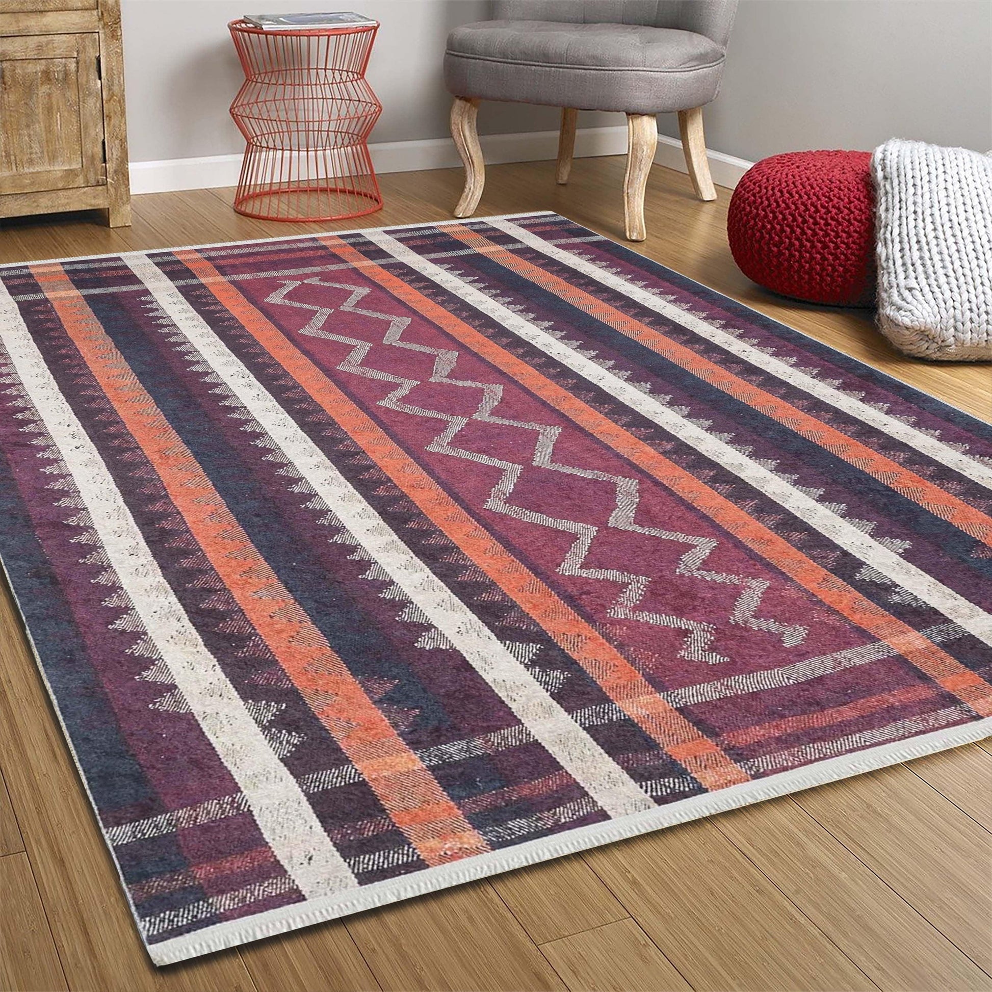 Turuncu Siyah Bej Geometrik Desenli Kilim Halı