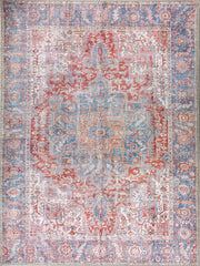Terracotta ve Gök Mavisi Eskitme Medalyonlu Vintage Halı