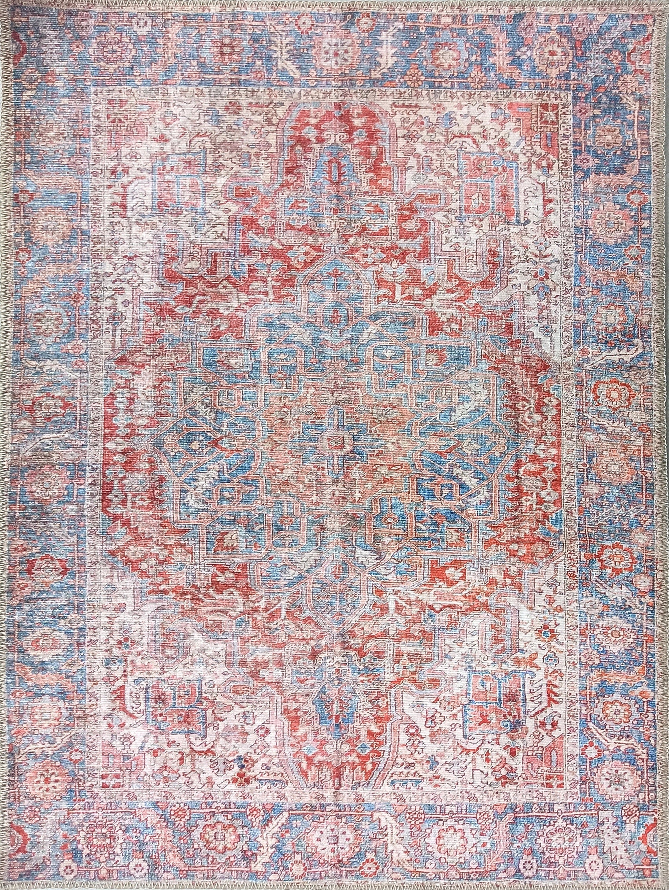 Terracotta ve Gök Mavisi Eskitme Medalyonlu Vintage Halı