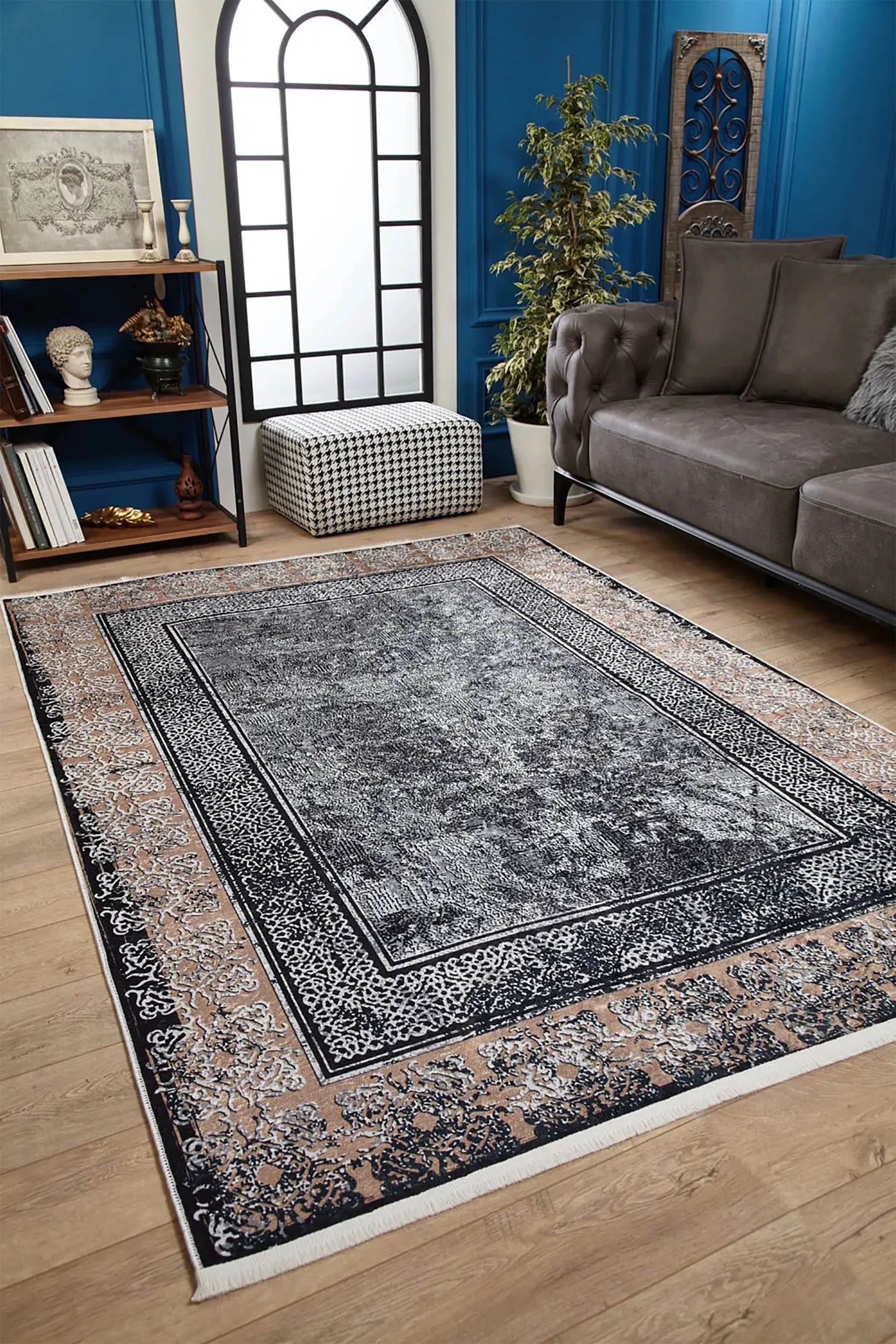 Vintage Efektli Füme Bej Bordürlü Modern Halı