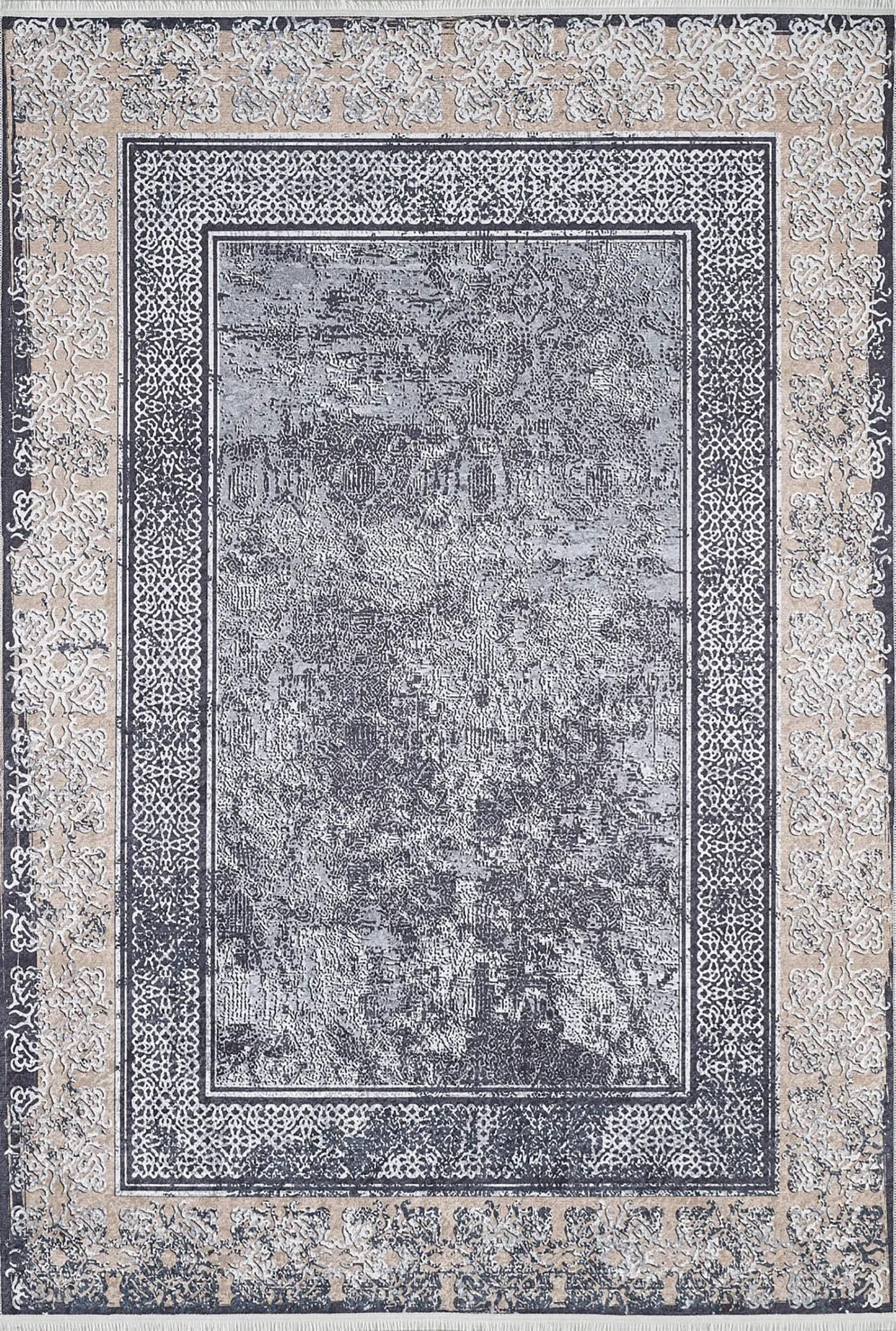 Vintage Efektli Füme Bej Bordürlü Modern Halı