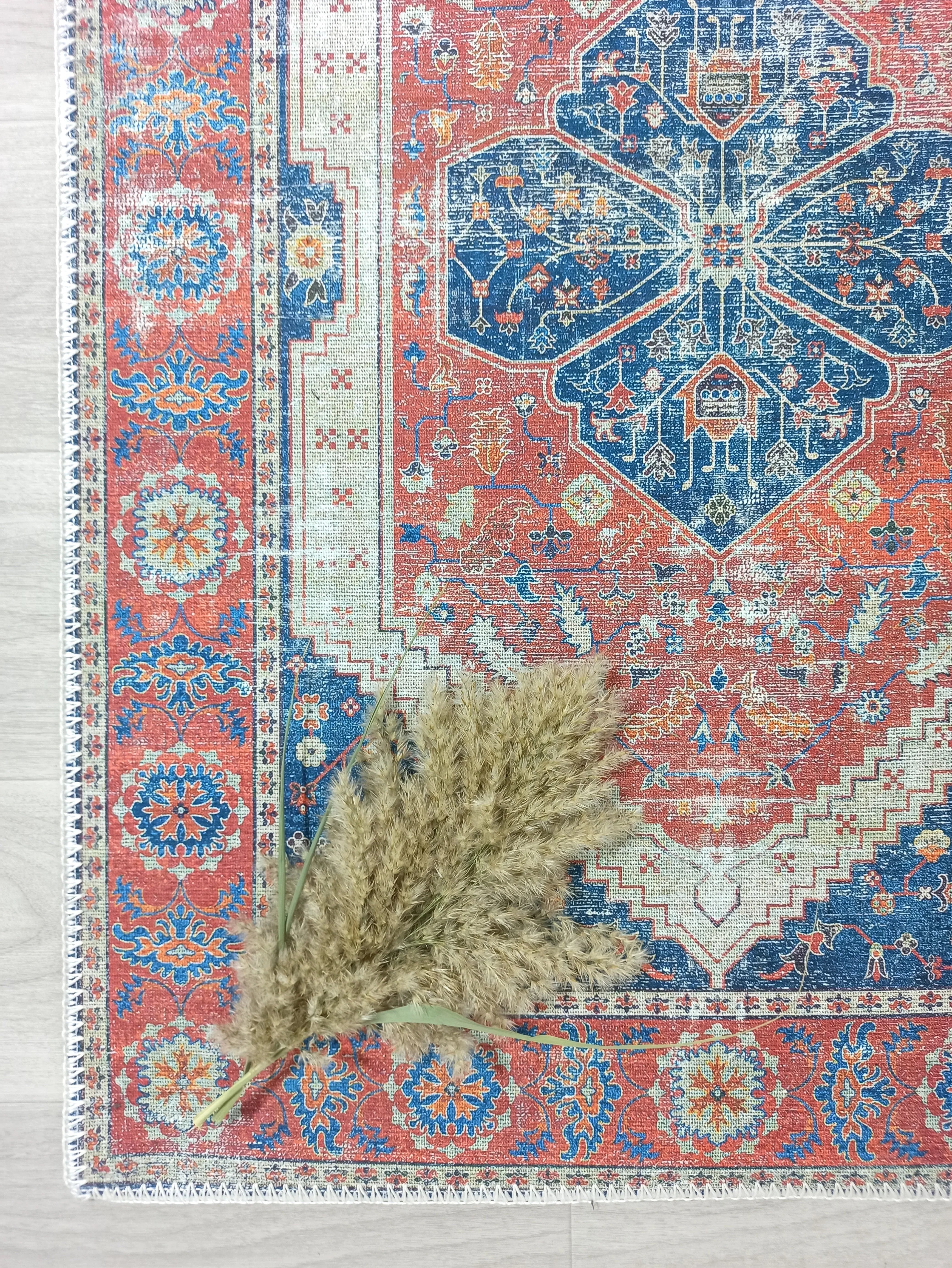 Vintage Eskitme Kırmızı Mavi Halı