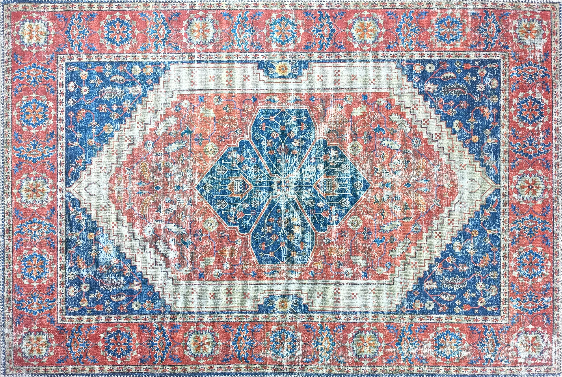 Vintage Eskitme Kırmızı Mavi Halı