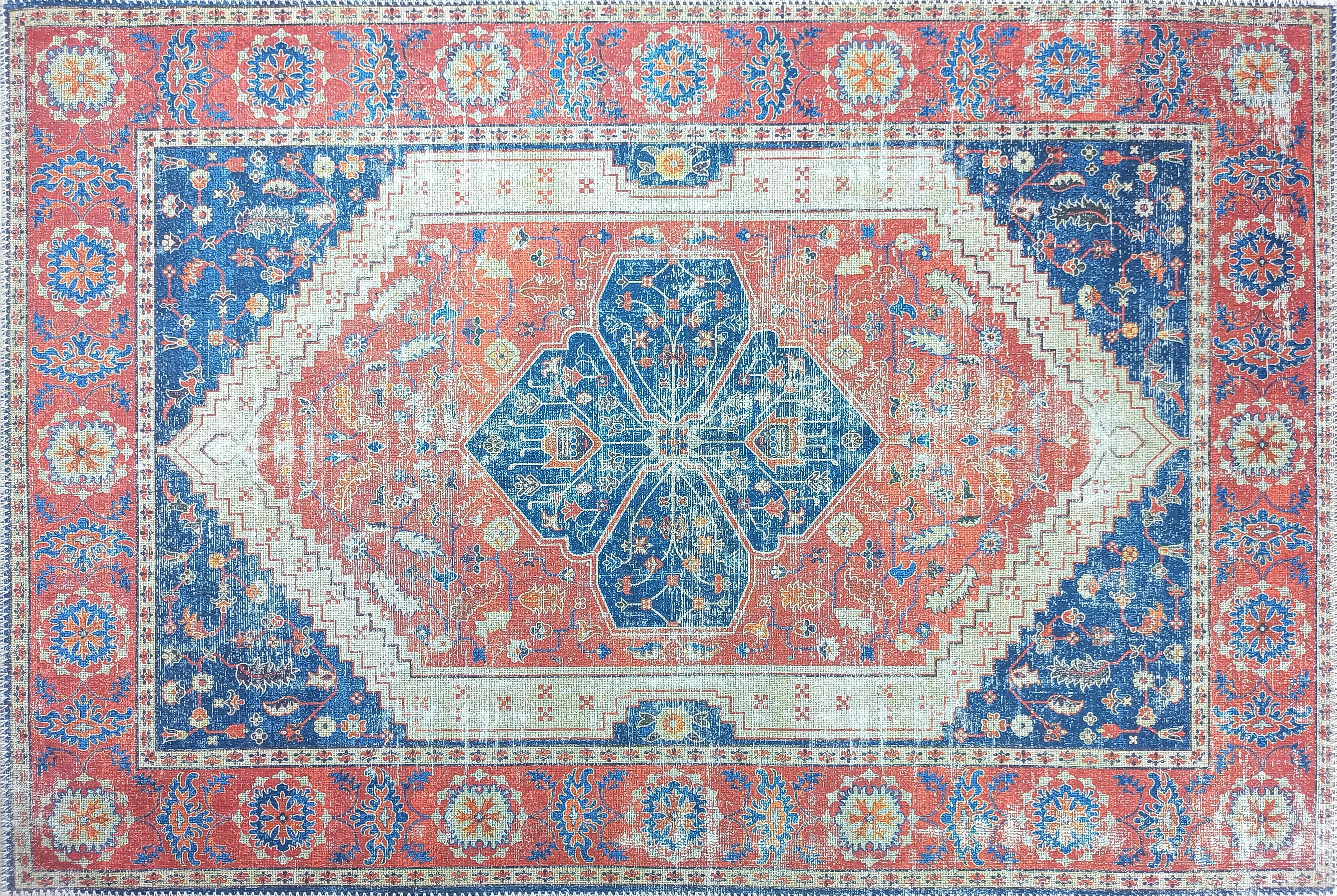 Vintage Eskitme Kırmızı Mavi Halı