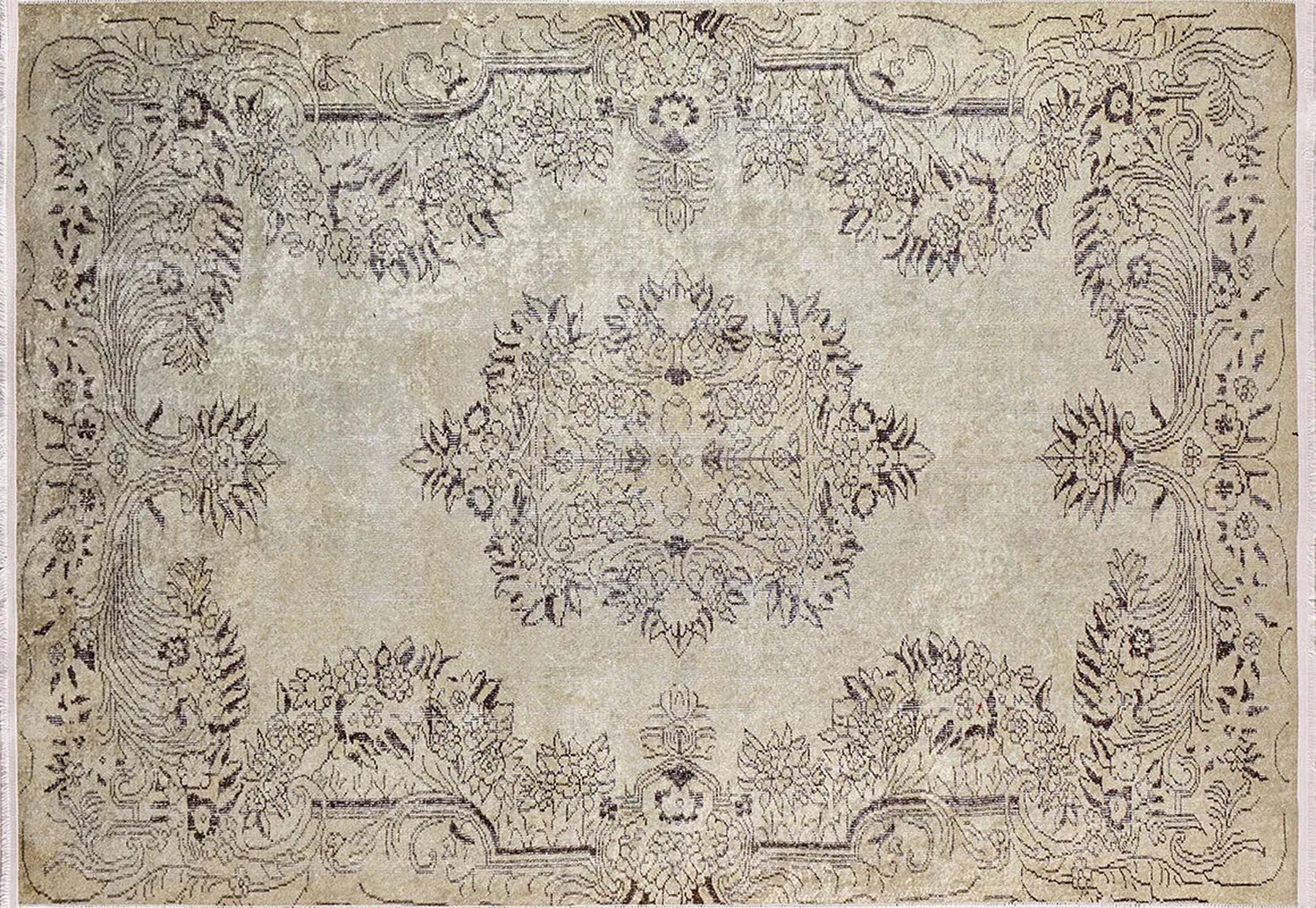 Vintage Eskitme Tarzı Madalyon Desenli Bej Halı