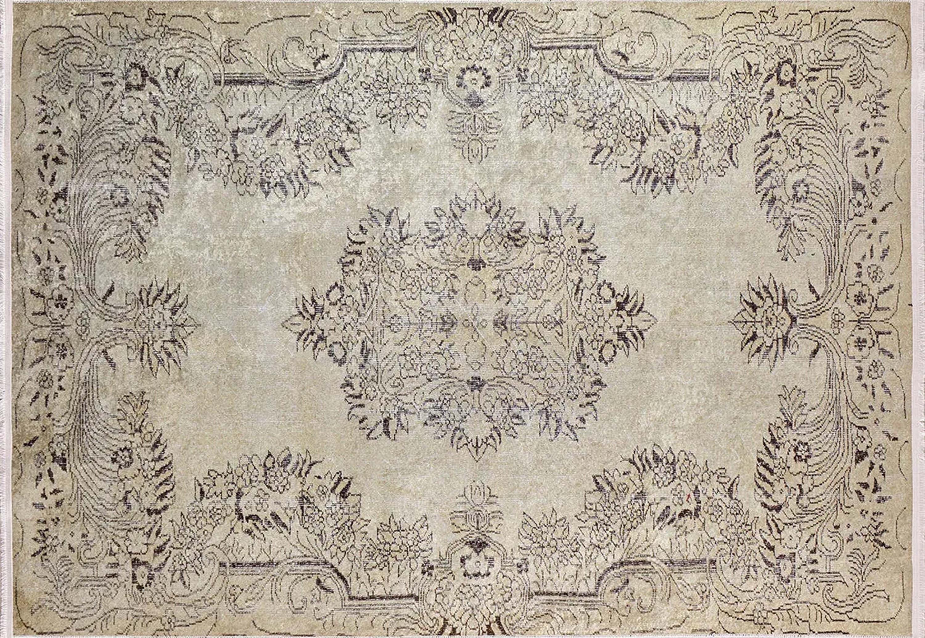 Vintage Eskitme Tarzı Madalyon Desenli Bej Halı