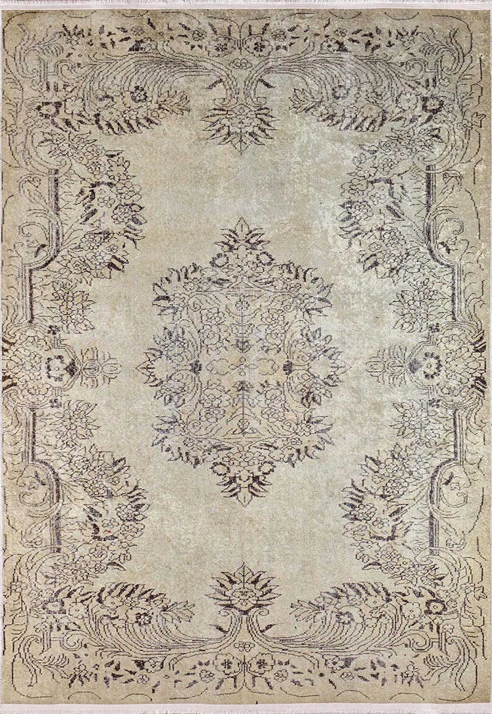 Vintage Eskitme Tarzı Madalyon Desenli Bej Halı
