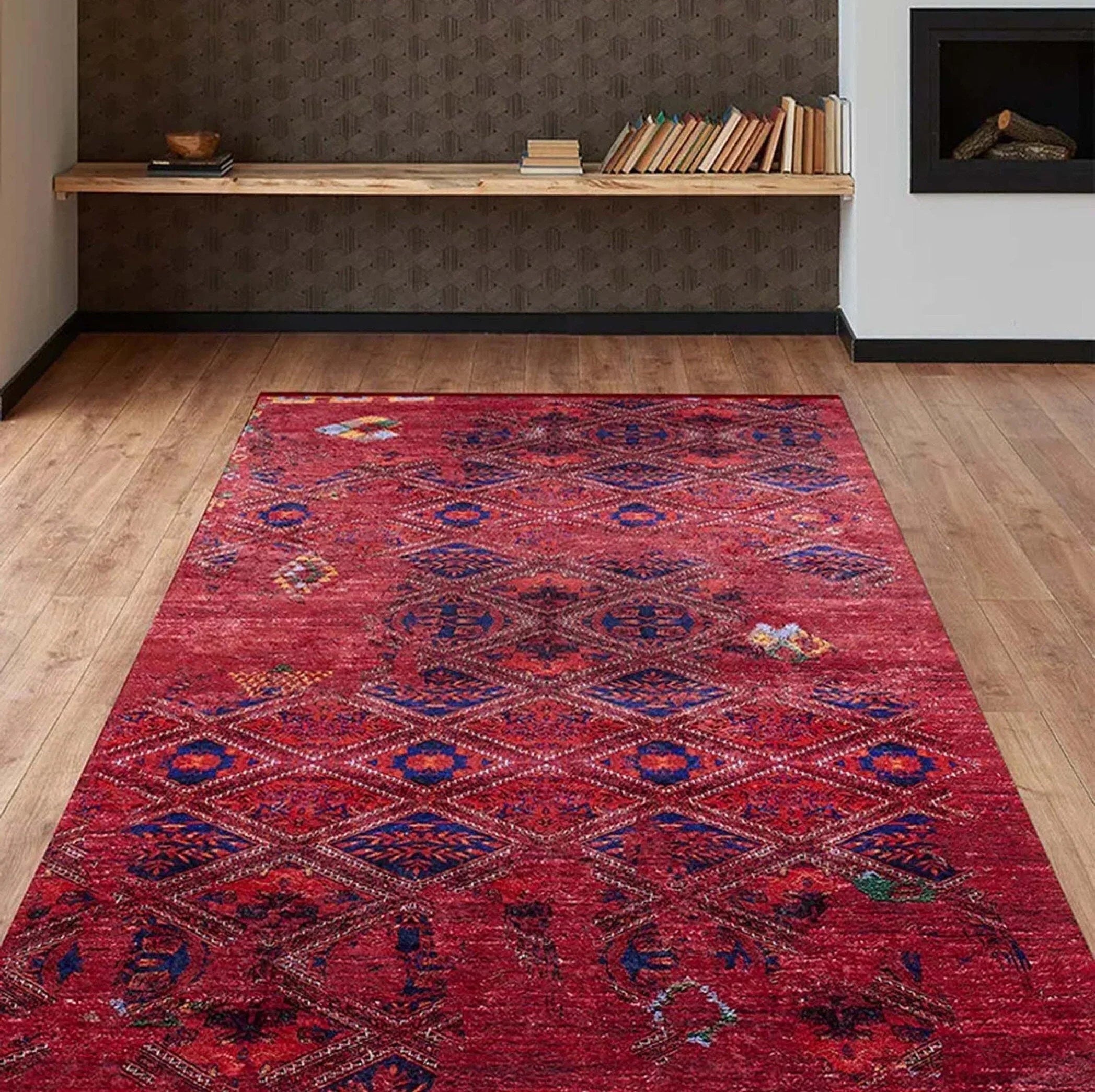 Vintage Kırmızı Geometrik Desenli Kilim Halı