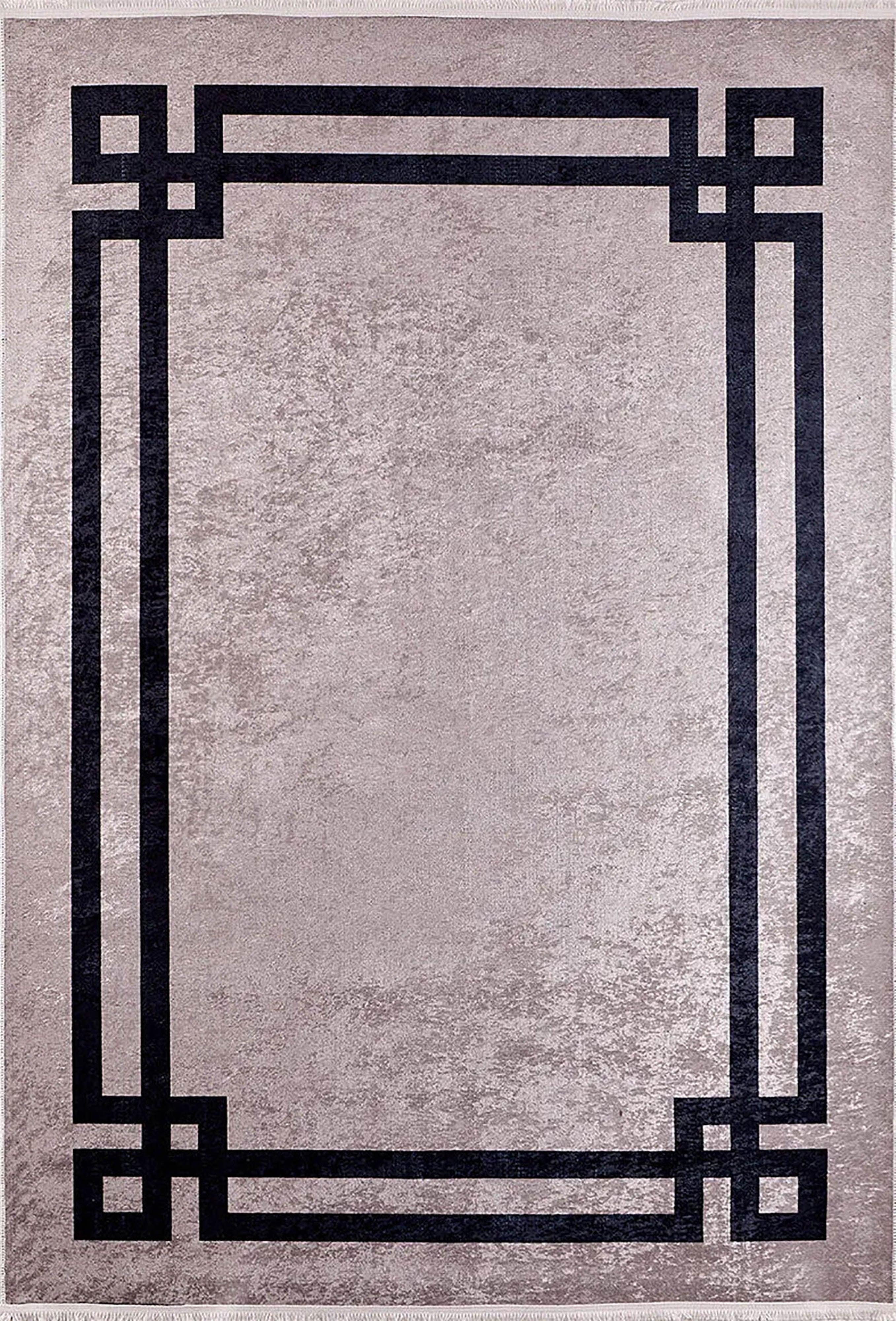 Vizon Siyah Zeminli Art Deco Geometrik Siyah Bordürlü Modern Halı