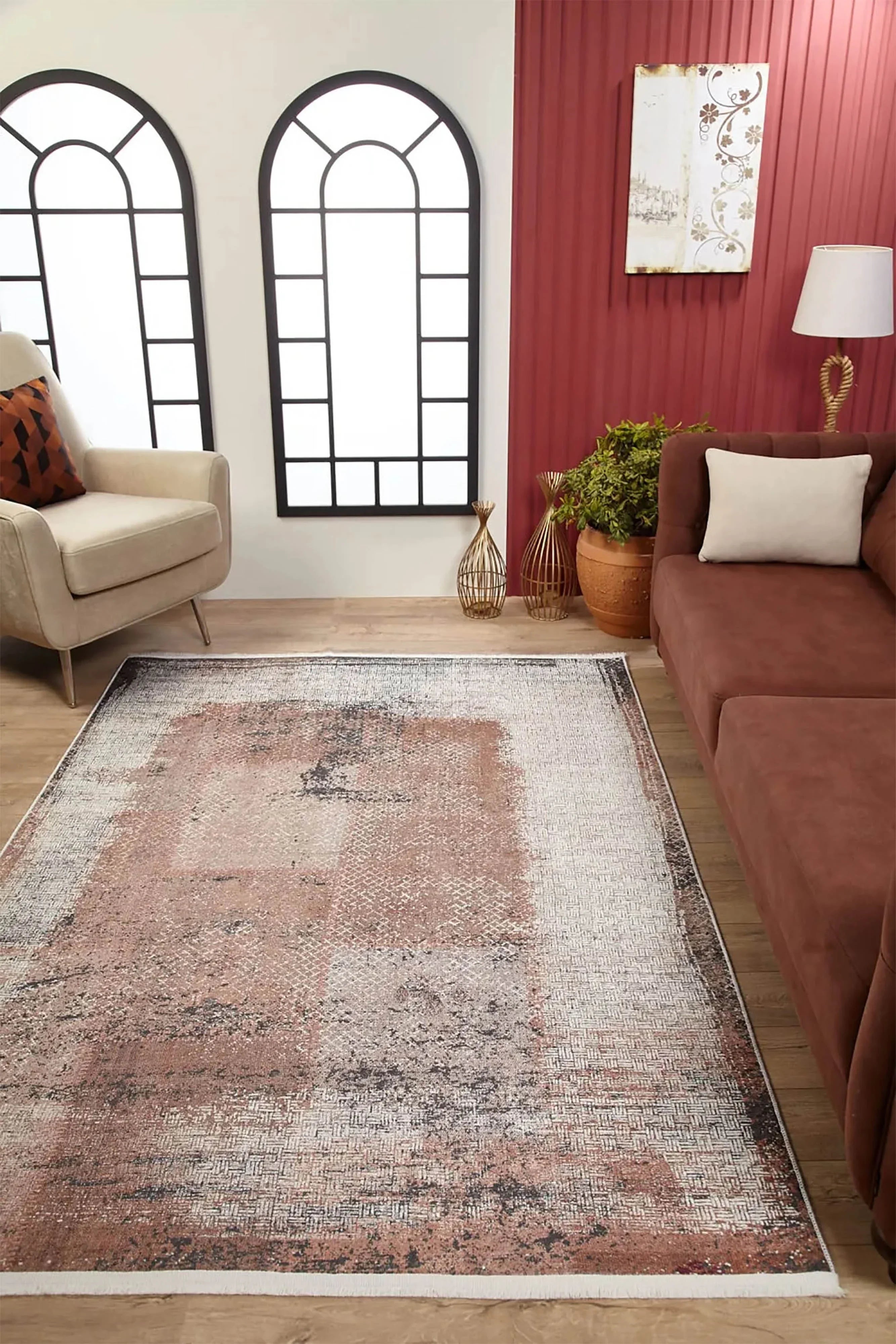 Yıkanabilir Bej Kahve Eskitme Soyut Desenli Halı
