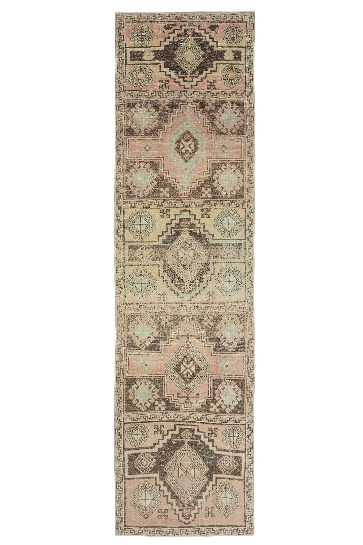 El yapımı vintage yolluk 81x338 cm oryantal desenli yün - ışık altında renk detayı