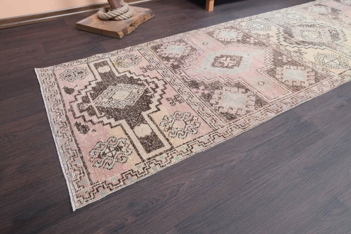 El yapımı vintage yolluk 81x338 cm oryantal desenli yün - yakın çekim doku detayı