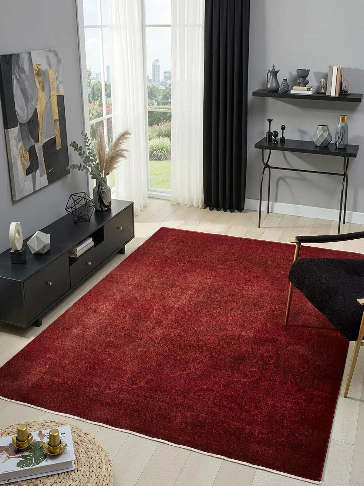 Bordo Klasik Eskitme Vintage Desenli Halı - 0261BA