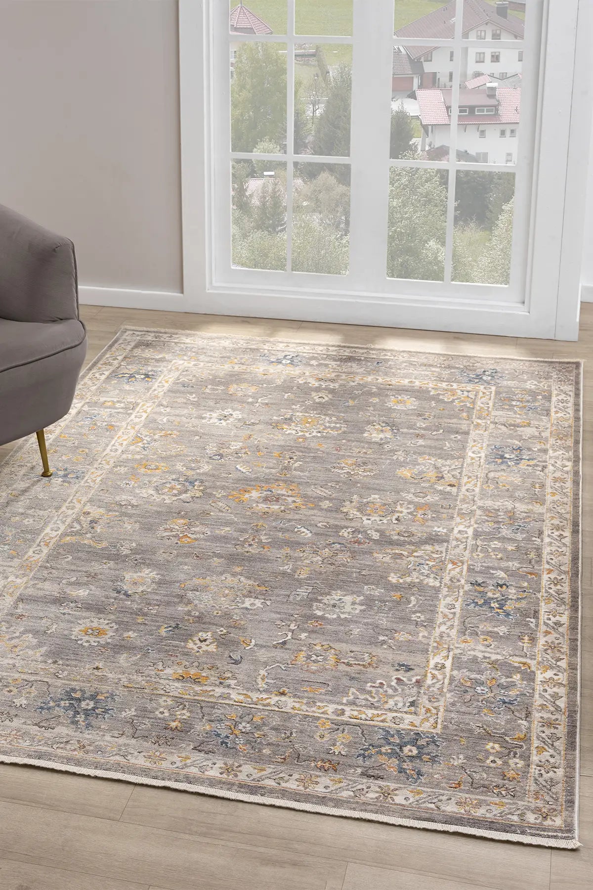 Gri Klasik Eskitme Vintage Desenli Halı - 0254GA