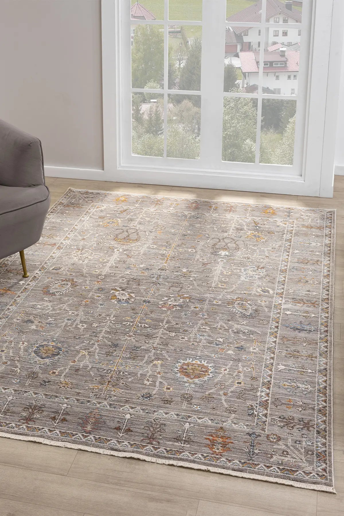 Gri Klasik Eskitme Vintage Desenli Halı - 0255GA