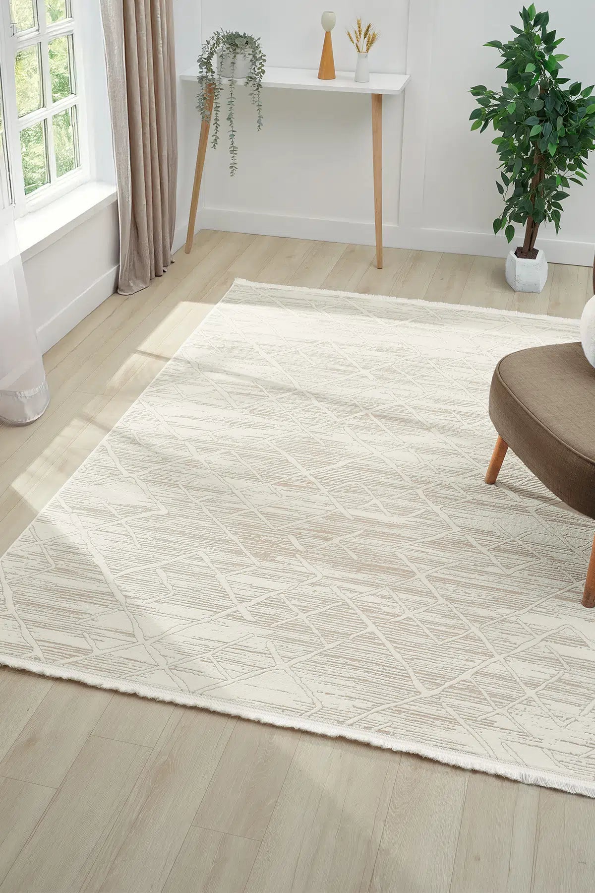 Bej Geometrik Çizgili İskandinav Modern Halı - 522BA