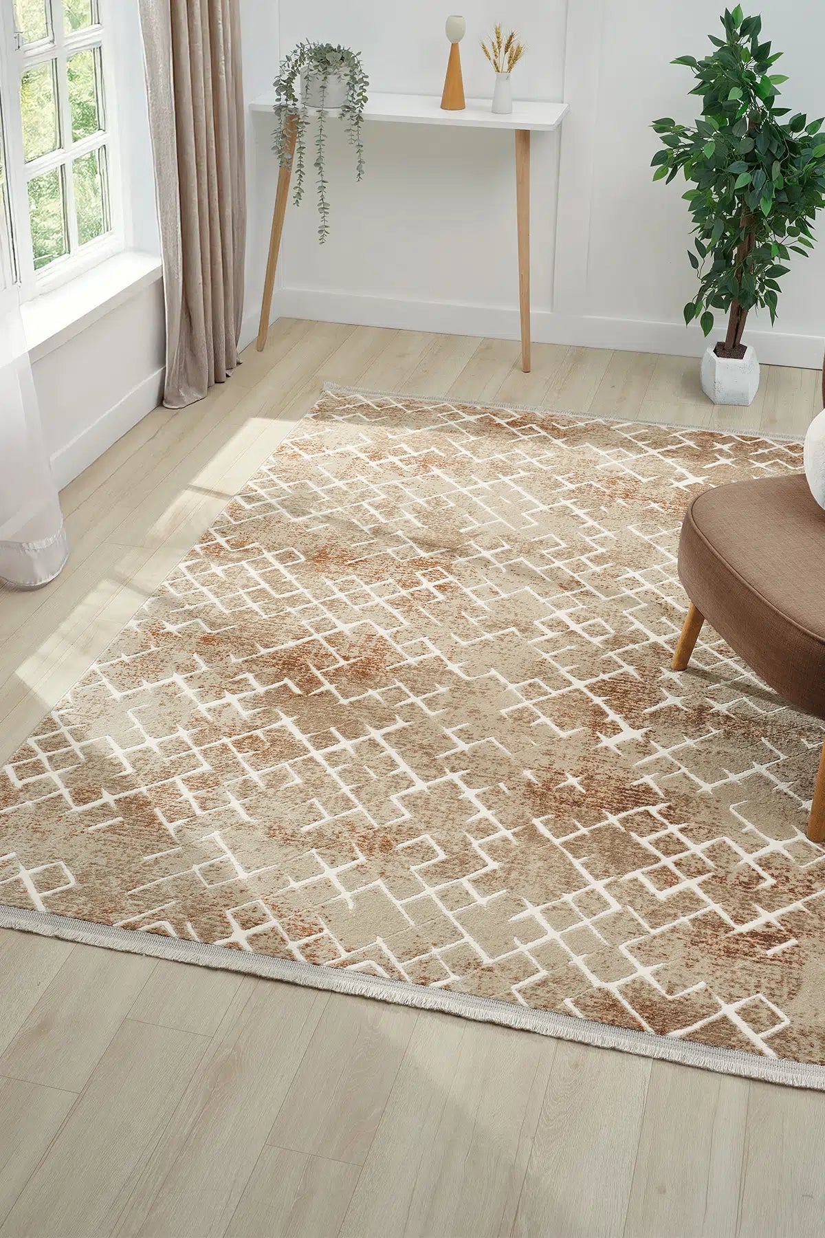 Kiremit Geometrik Çizgili İskandinav Modern Halı - 521TA