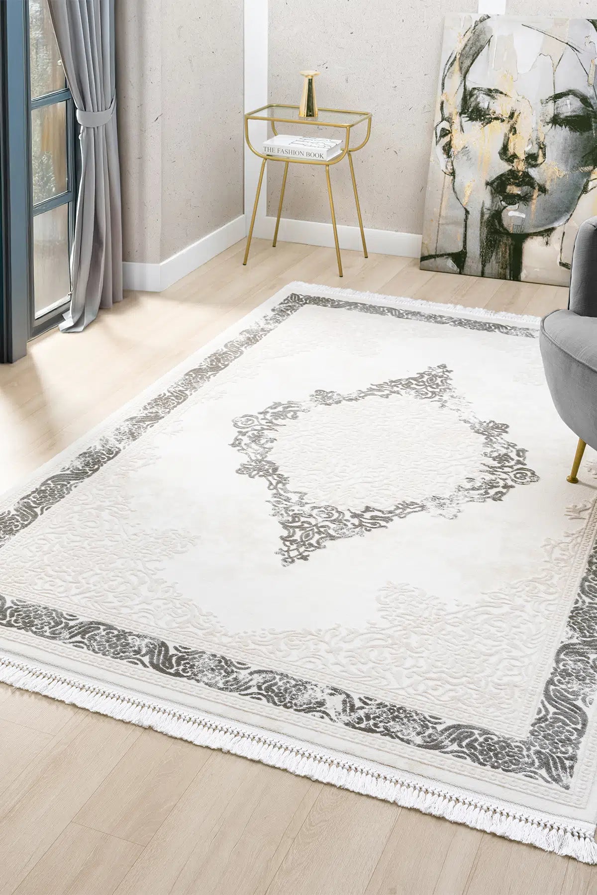 Gri Klasik Madalyonlu Lüks Salon Halısı - 2037GA