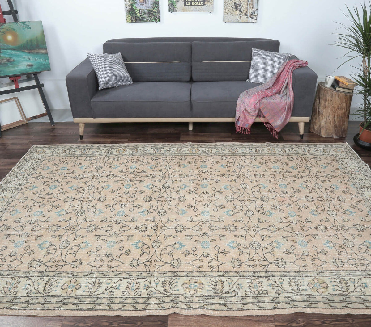 El yapımı vintage halı 185x300 cm çiçek desenli desenli yün - yakın çekim doku detayı