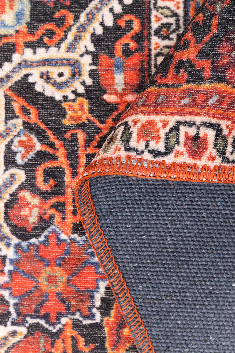 Siyah ve Kiremit Geleneksel Desenli Folk Halı - OUTLET - BA07OU